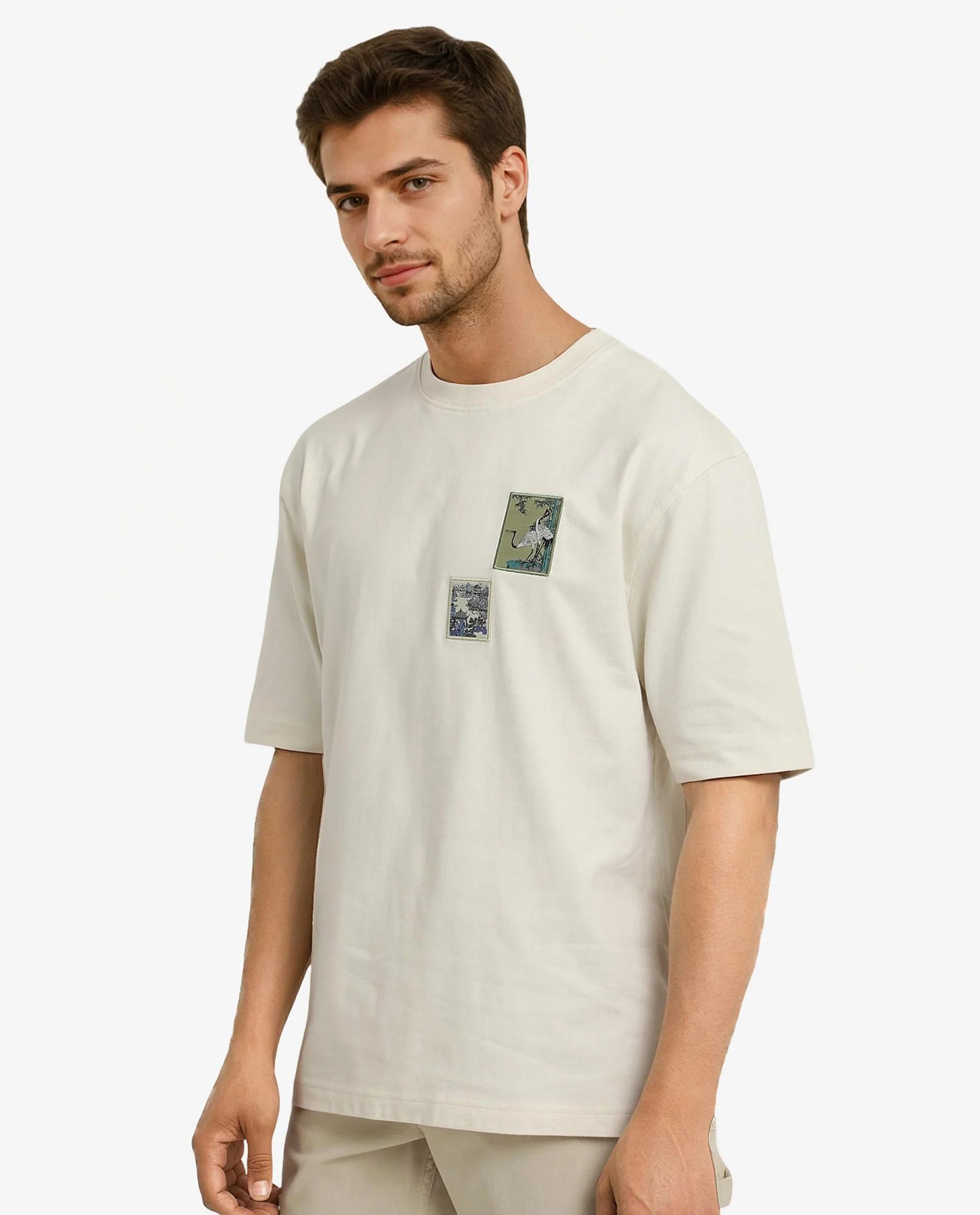 Rare Rabbit Men Jap Off White Short Sleeve Crew Neck Boxy Fit Graphic Printed T-Shirt