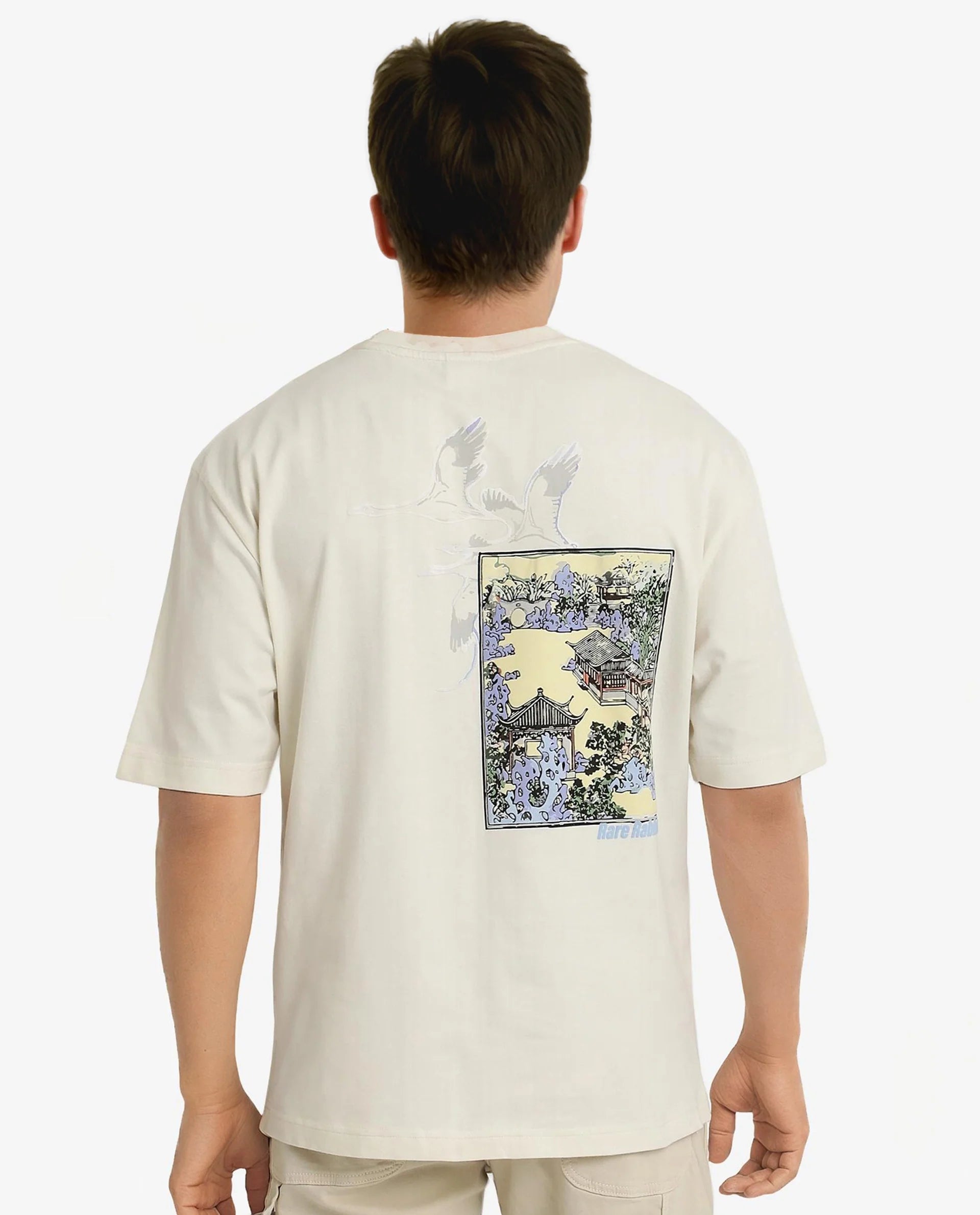 Rare Rabbit Men Jap Off White Short Sleeve Crew Neck Boxy Fit Graphic Printed T-Shirt