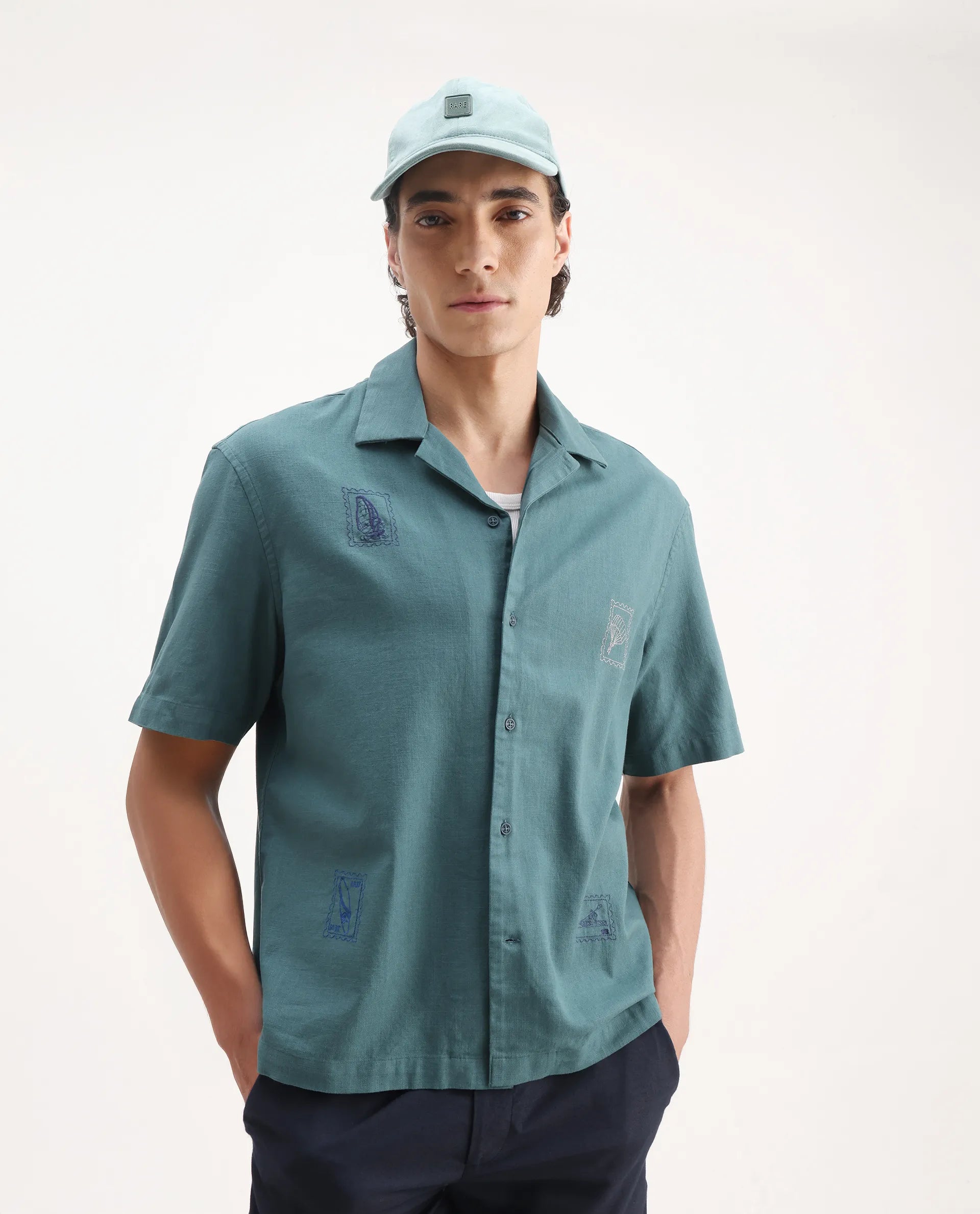 Rare Rabbit Men's Jarny Green Cotton Embroidered Boxy Fit Half Sleeve Cuban Collar Shirt