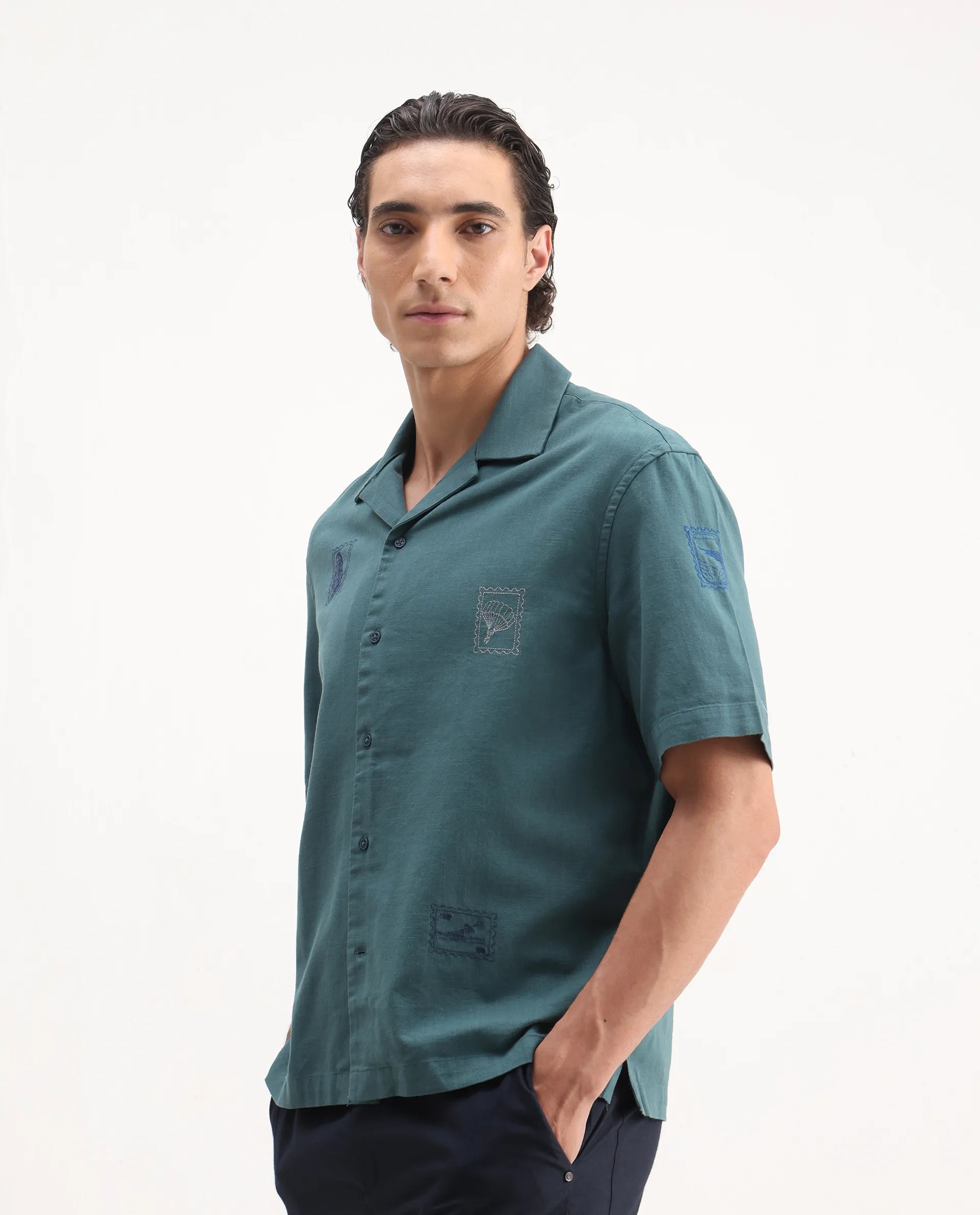 Rare Rabbit Men's Jarny Green Cotton Embroidered Boxy Fit Half Sleeve Cuban Collar Shirt