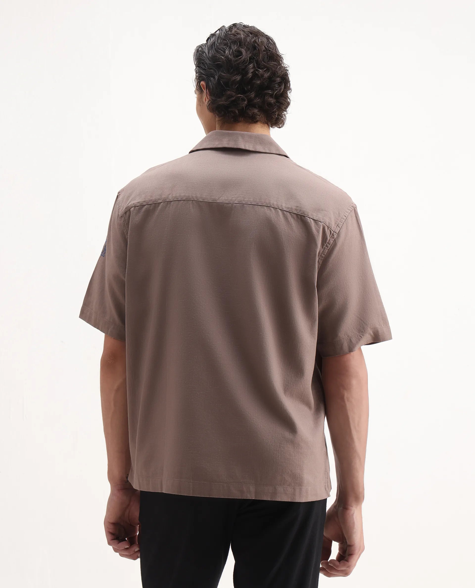 Rare Rabbit Men's Jarny Light Brown Cotton Embroidered Boxy Fit Half Sleeve Cuban Collar Shirt