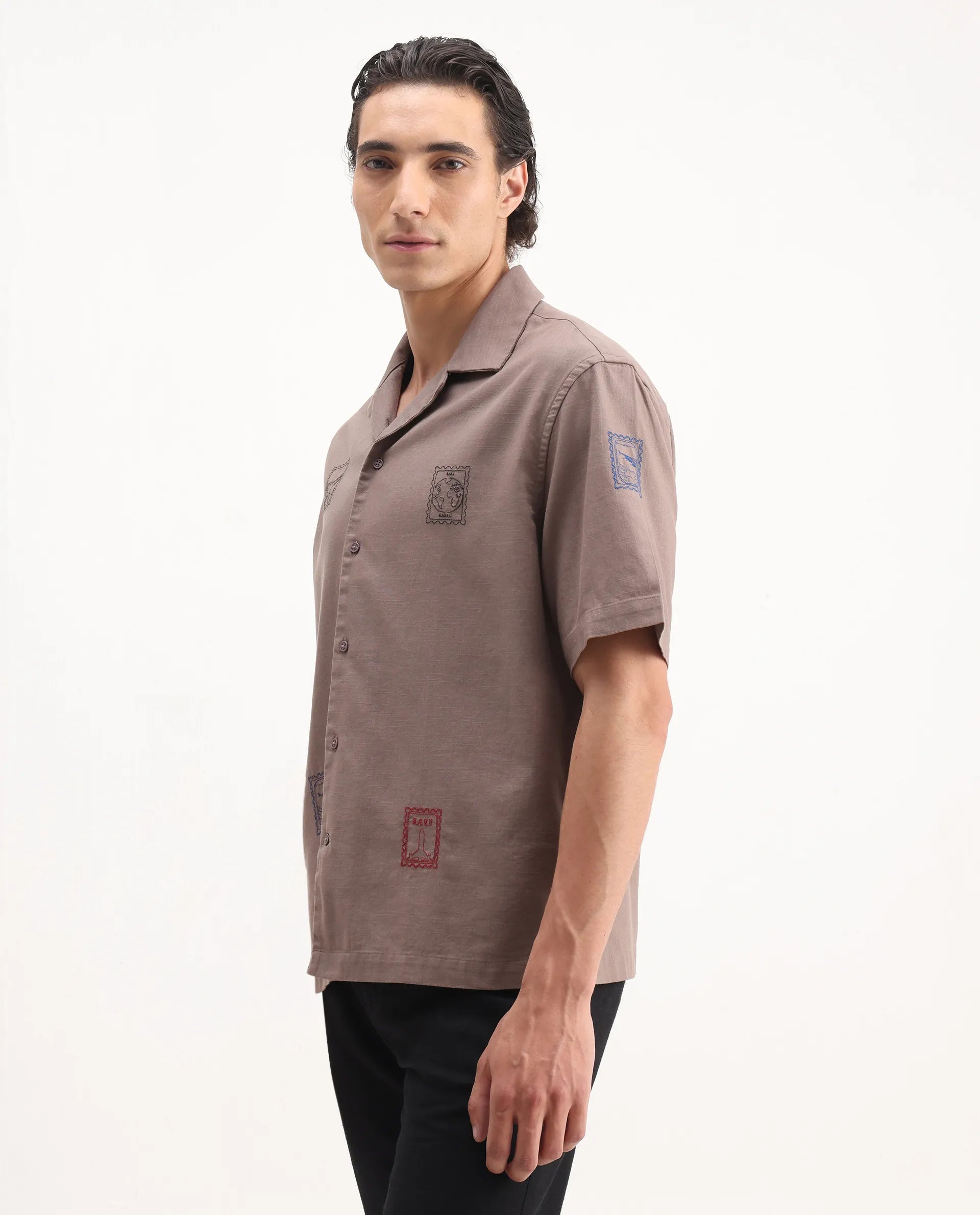 Rare Rabbit Men's Jarny Light Brown Cotton Embroidered Boxy Fit Half Sleeve Cuban Collar Shirt