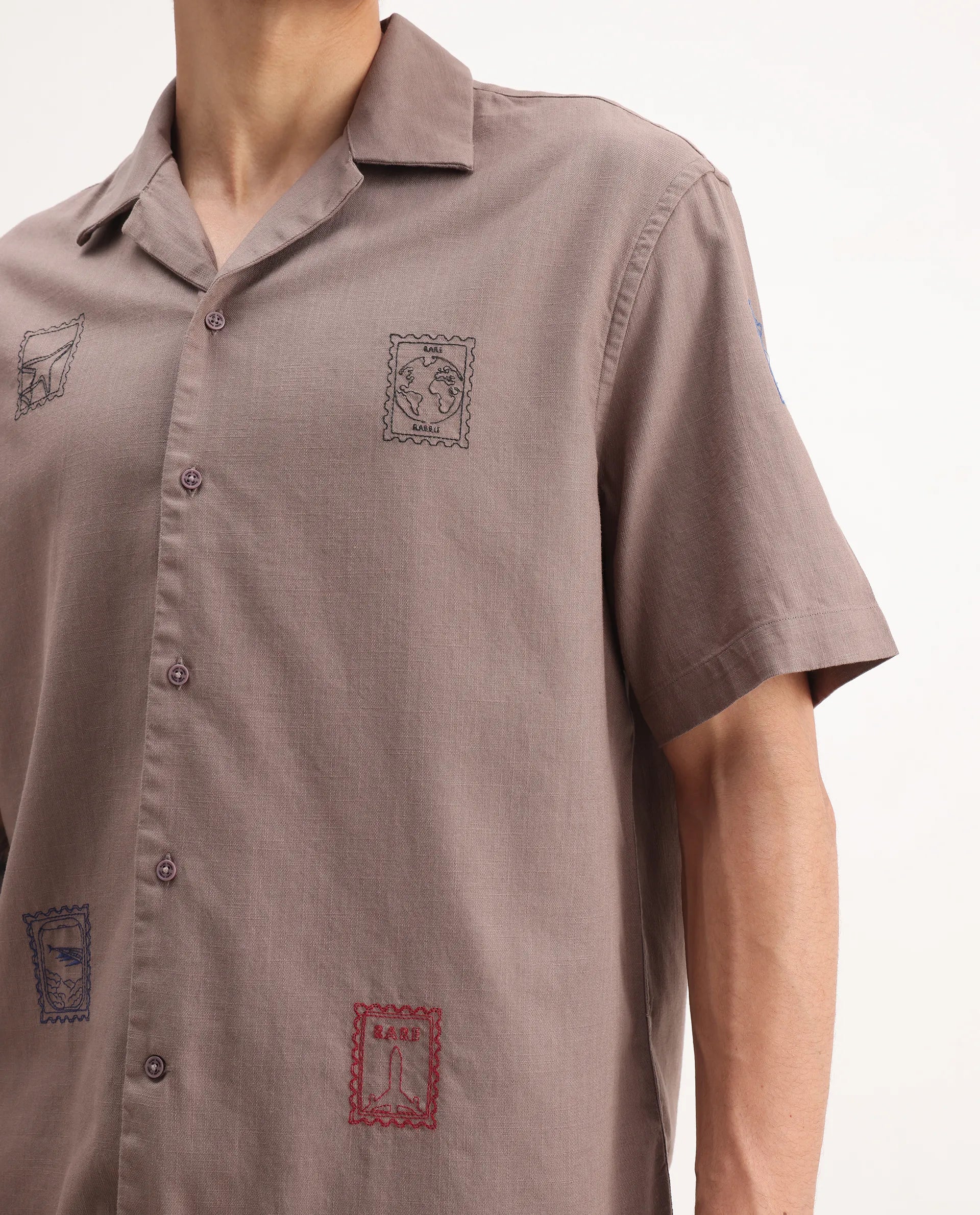 Rare Rabbit Men's Jarny Light Brown Cotton Embroidered Boxy Fit Half Sleeve Cuban Collar Shirt