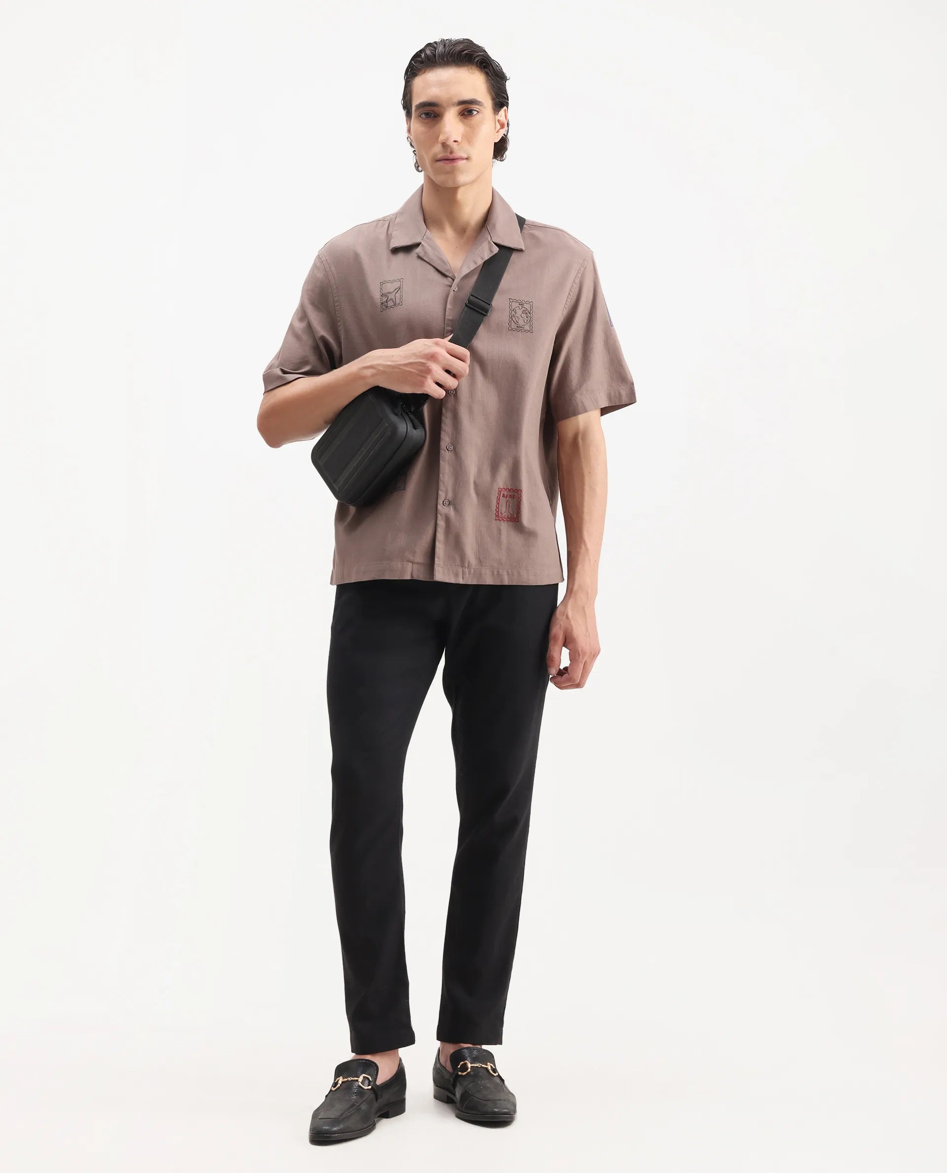 Rare Rabbit Men's Jarny Light Brown Cotton Embroidered Boxy Fit Half Sleeve Cuban Collar Shirt