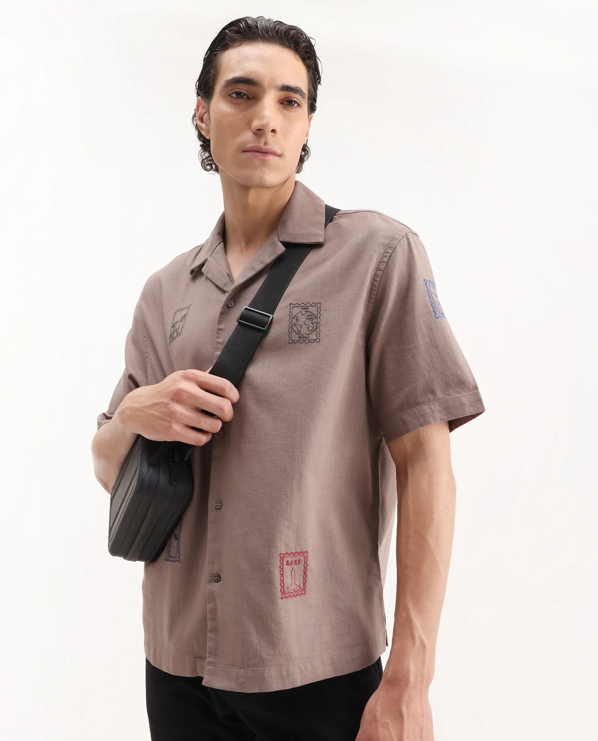 Rare Rabbit Men's Jarny Light Brown Cotton Embroidered Boxy Fit Half Sleeve Cuban Collar Shirt