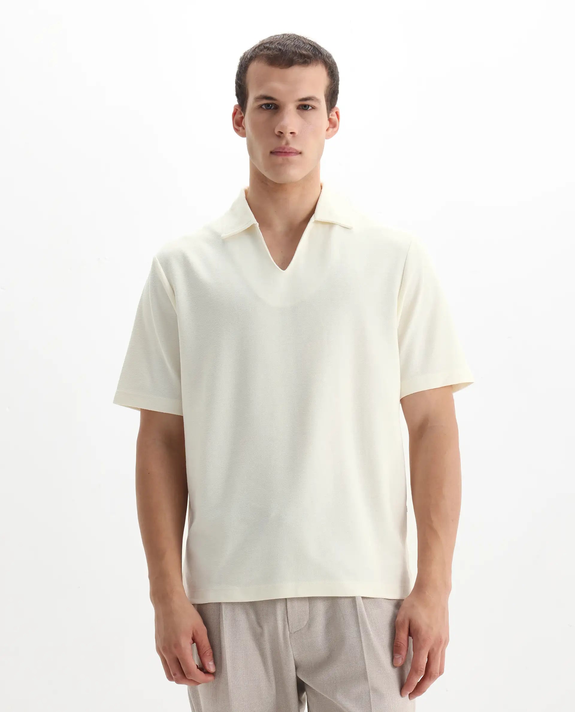 Rare Rabbit Men's Jawal Off White Cotton Blend Plain Oversized Fit Half Sleeve Polo