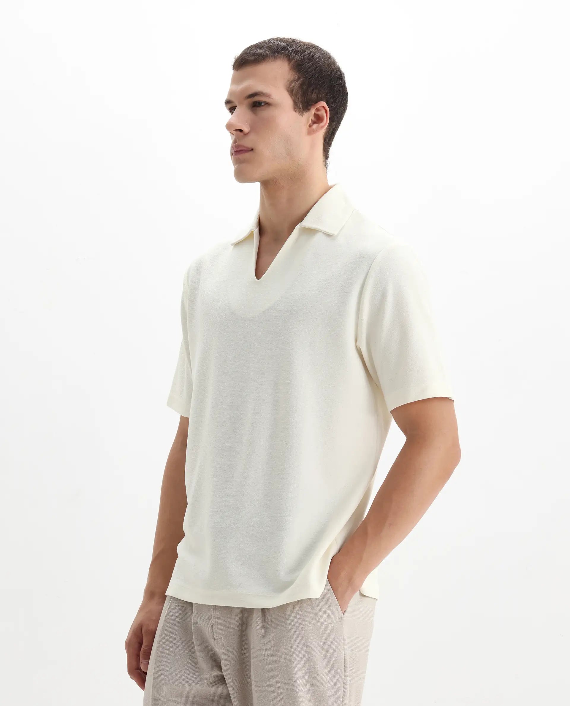 Rare Rabbit Men's Jawal Off White Cotton Blend Plain Oversized Fit Half Sleeve Polo