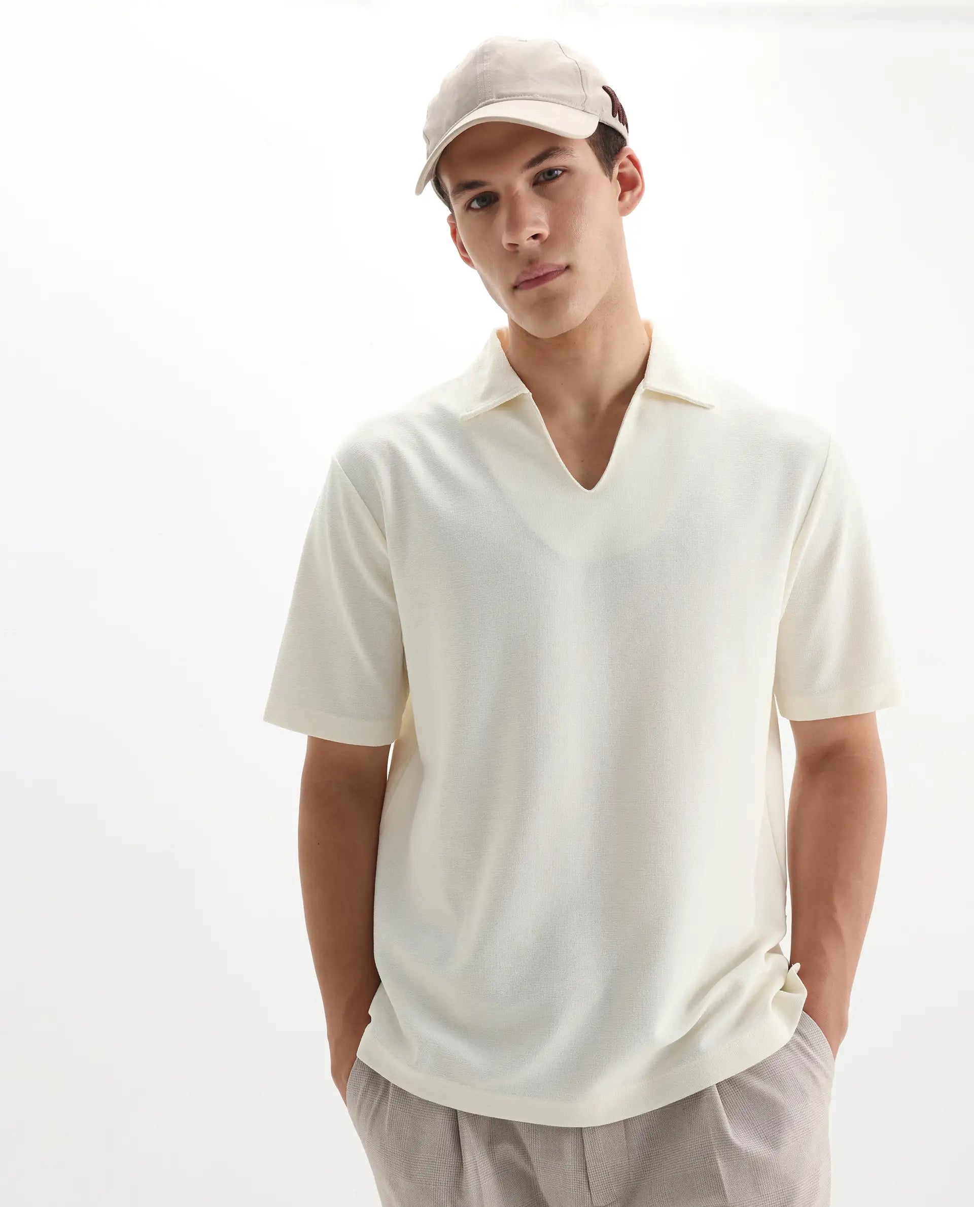 Rare Rabbit Men's Jawal Off White Cotton Blend Plain Oversized Fit Half Sleeve Polo