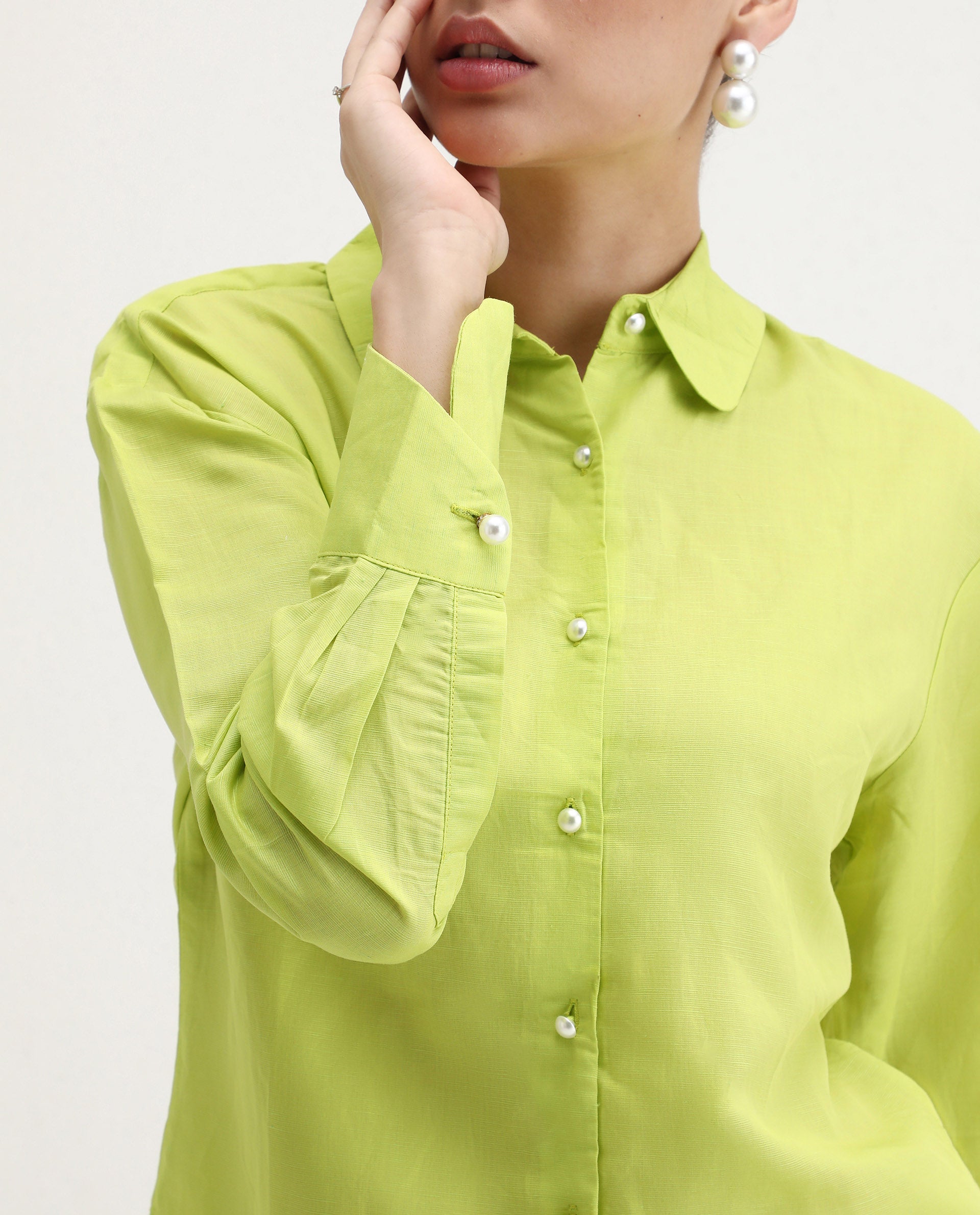 Rareism Women's Jayleen Yellow Linen Spread Collar Plain Slim Fit Top