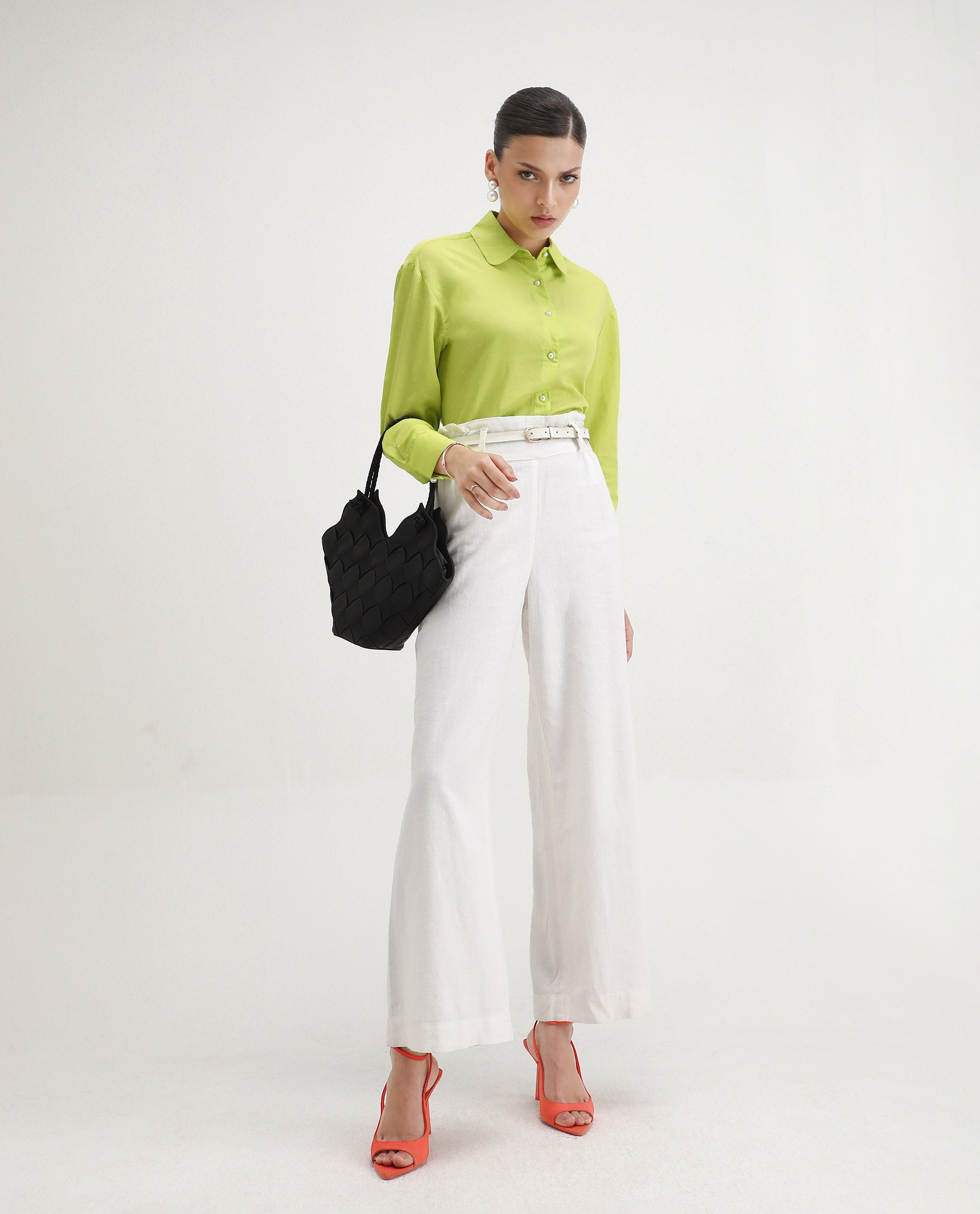 Rareism Women's Jayleen Yellow Linen Spread Collar Plain Slim Fit Top