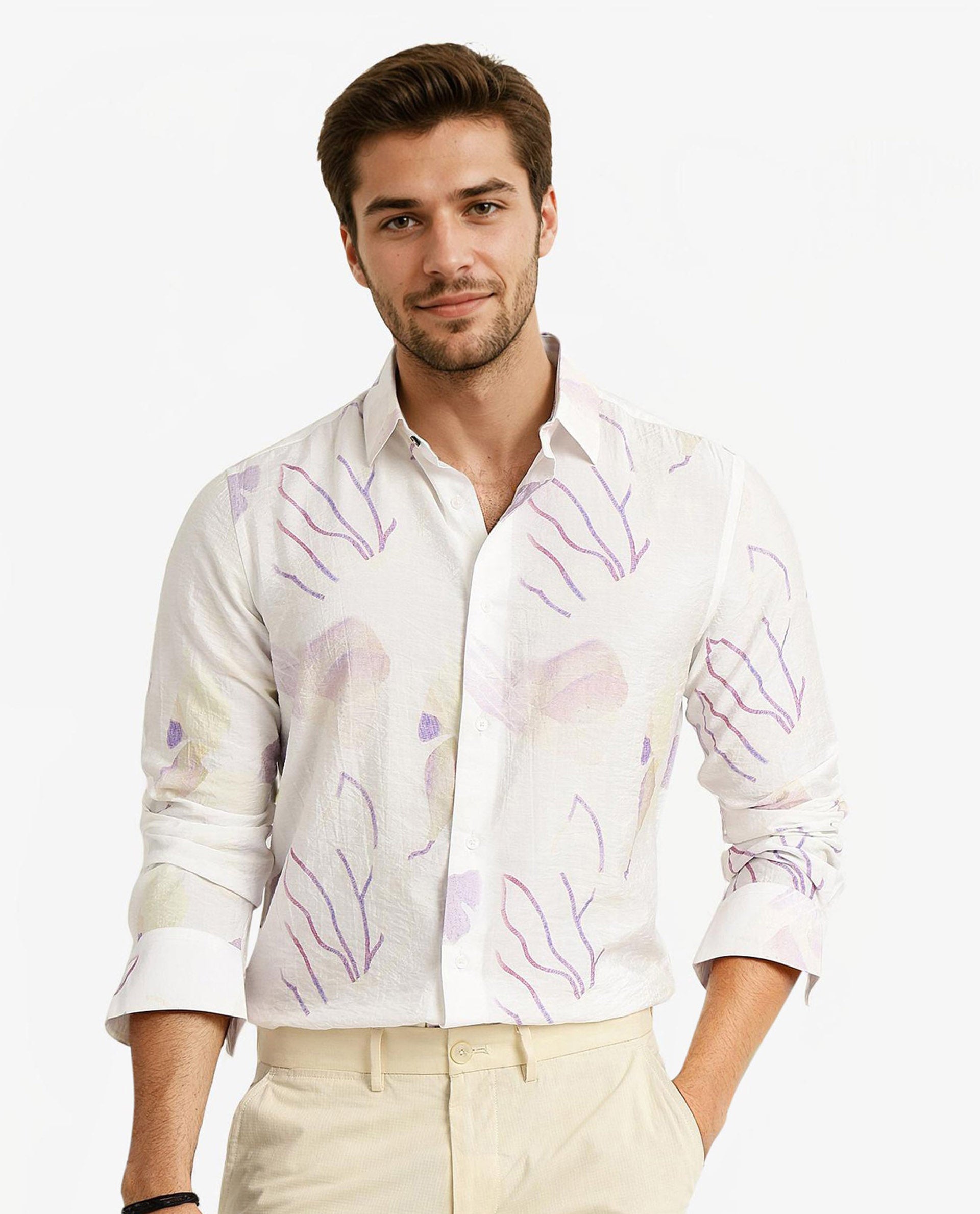 Rare Rabbit Men Jazzy Off White Full Sleeve Regular Fit Floral Print Cotton Shirt