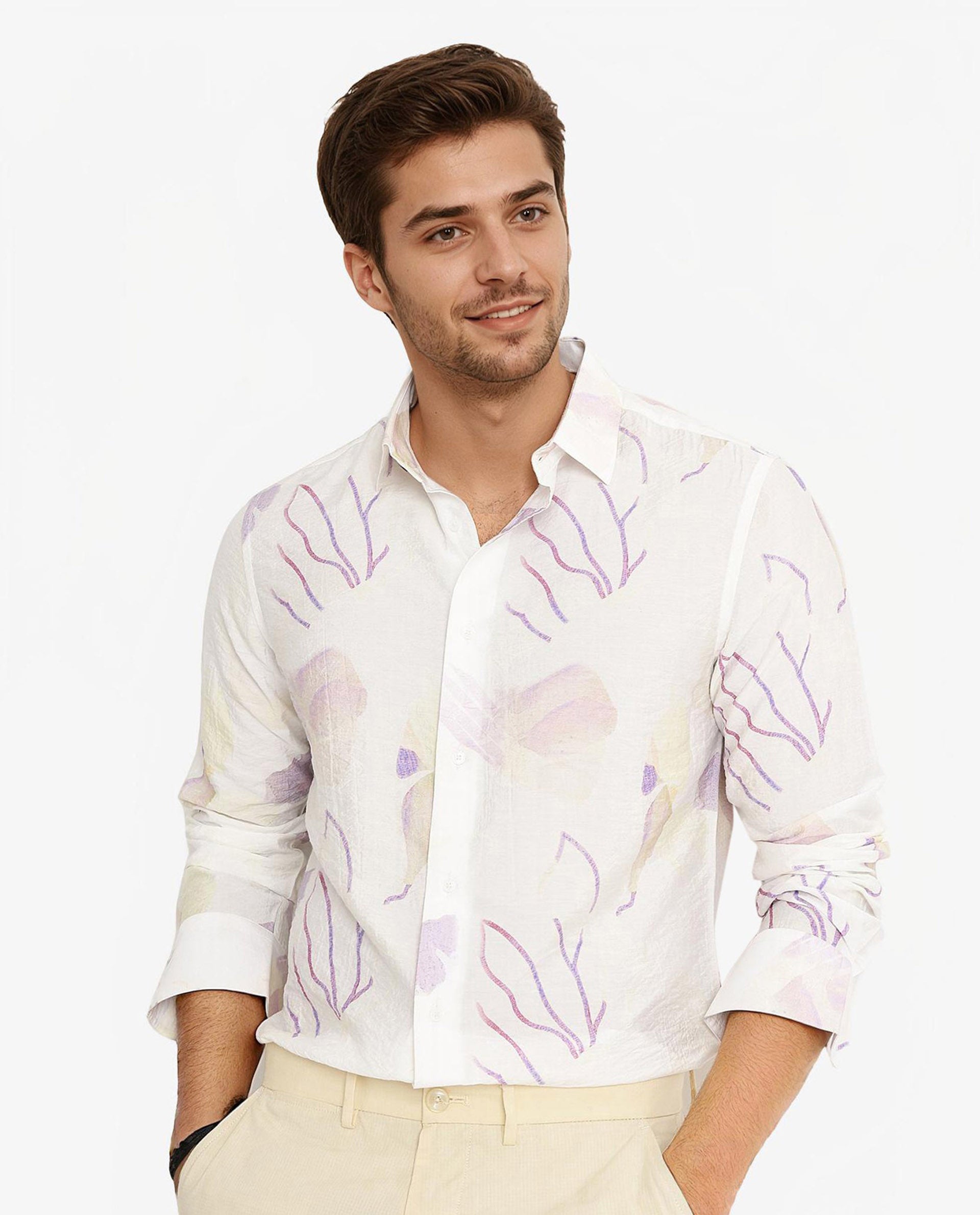 Rare Rabbit Men Jazzy Off White Full Sleeve Regular Fit Floral Print Cotton Shirt