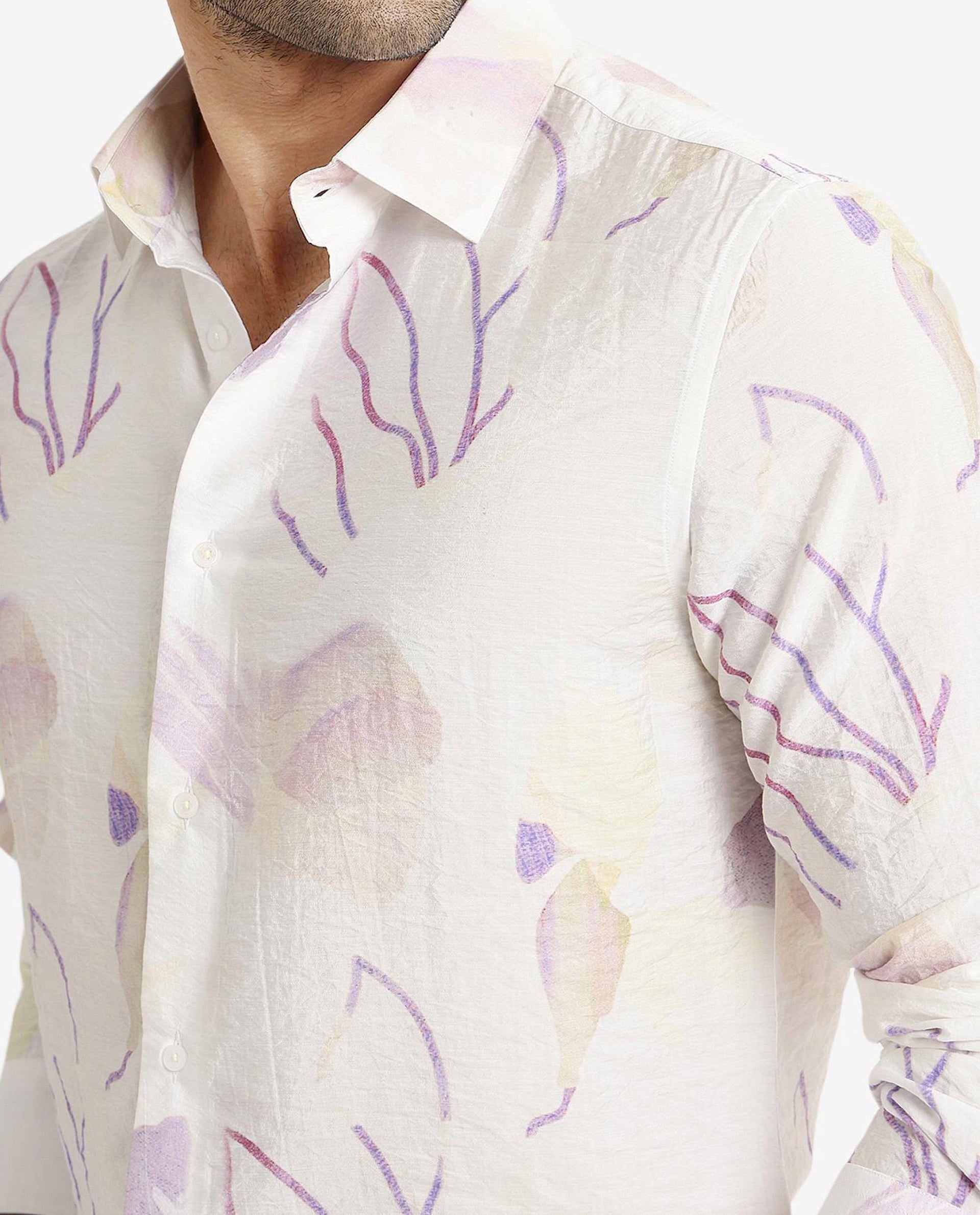 Rare Rabbit Men Jazzy Off White Full Sleeve Regular Fit Floral Print Cotton Shirt