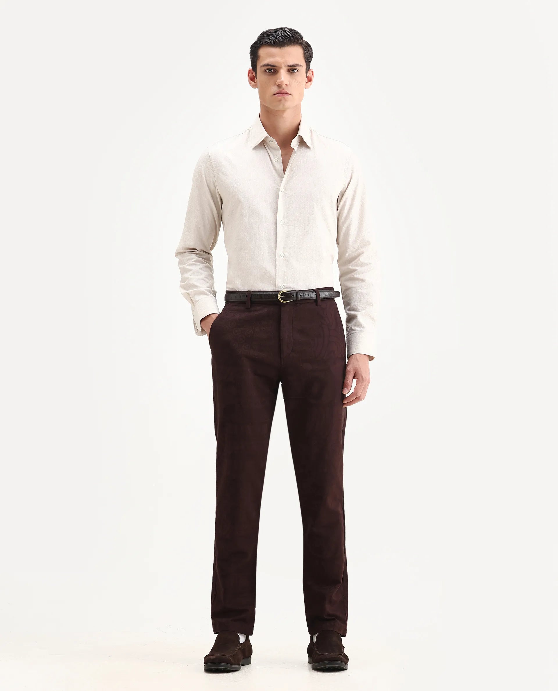 Rare Rabbit Men Jeck-Aw25 Dark Brown Cotton Fabric Button And Zip Closure Closure Jacquard Trouser