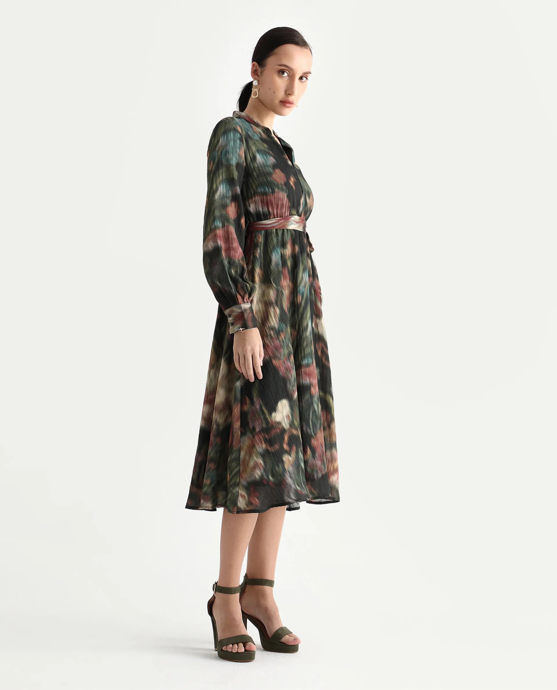 Rareism Women's Jehon Black Cotton Mandarin Collar Flared Printed Midi Dress