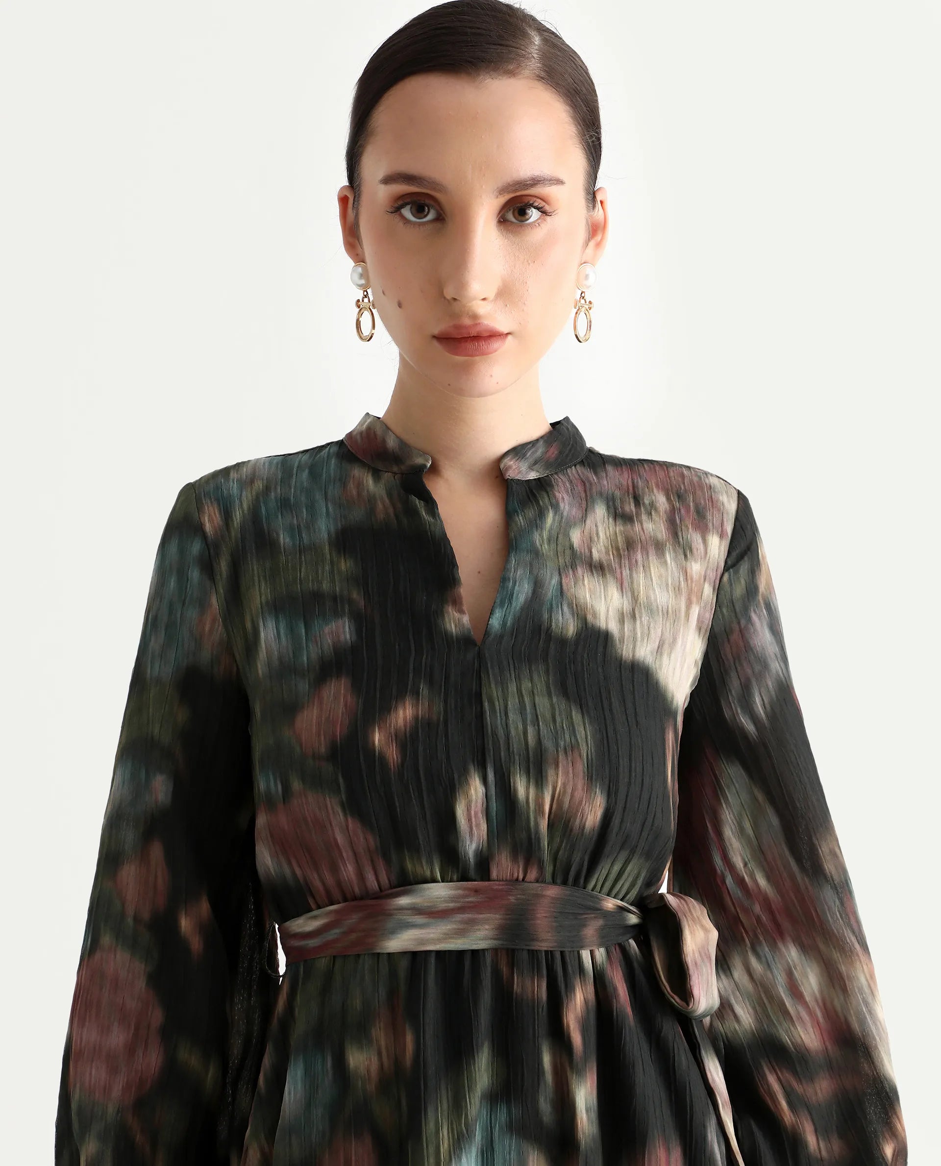 Rareism Women's Jehon Black Cotton Mandarin Collar Flared Printed Midi Dress