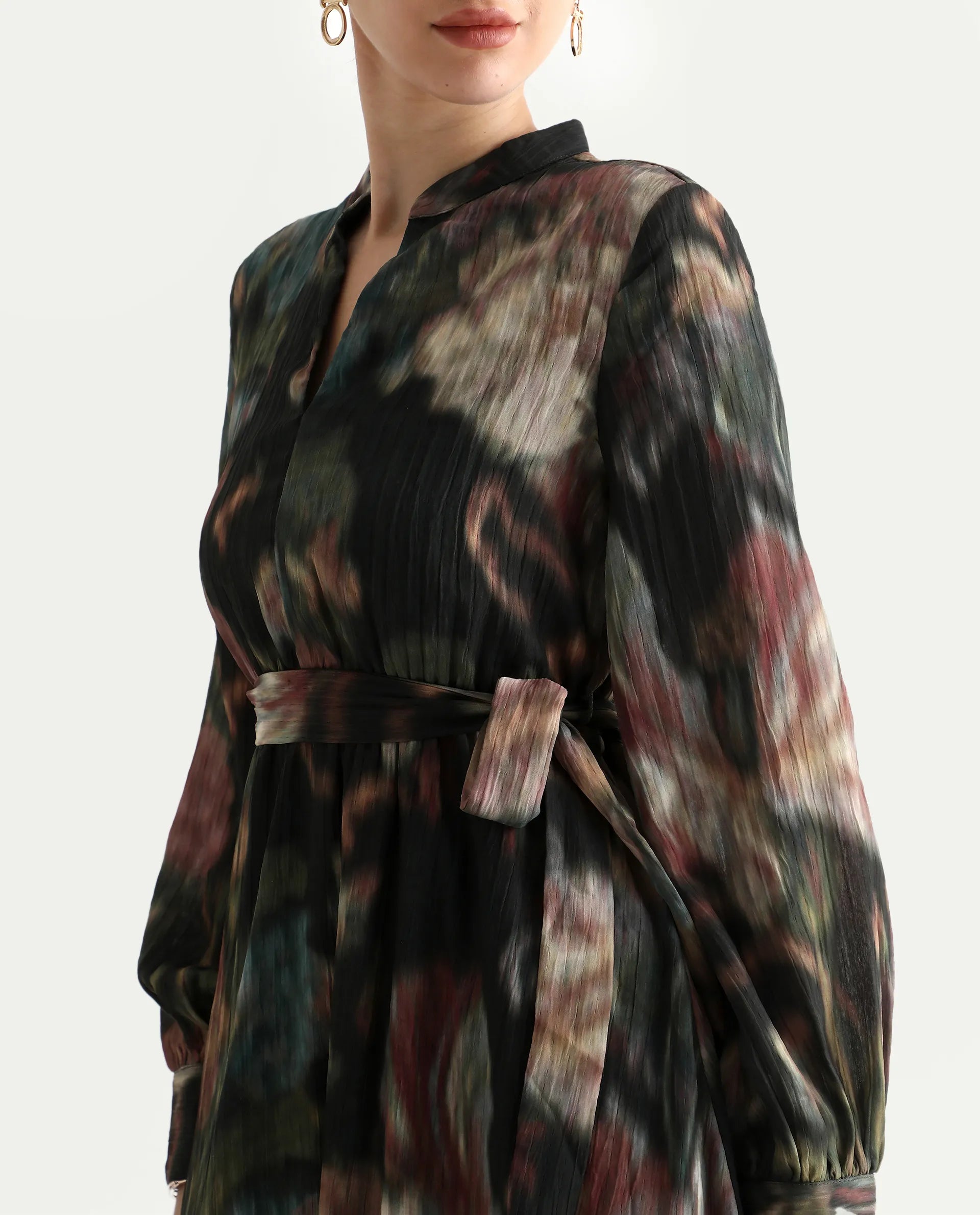 Rareism Women's Jehon Black Cotton Mandarin Collar Flared Printed Midi Dress