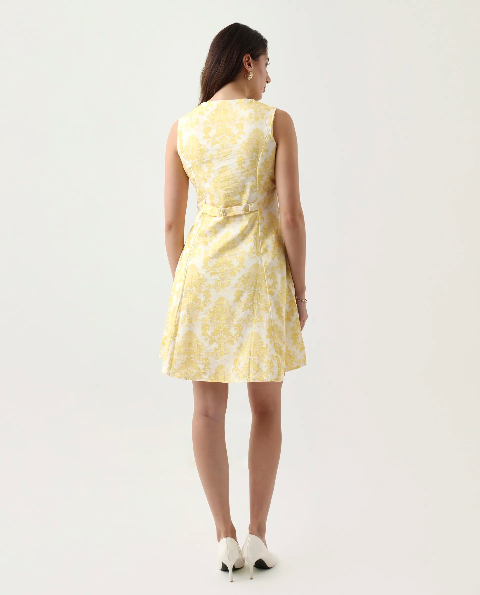 Rareism Women's Jeklo Yellow Cotton Blend Round Neck A-Line Printed Dress