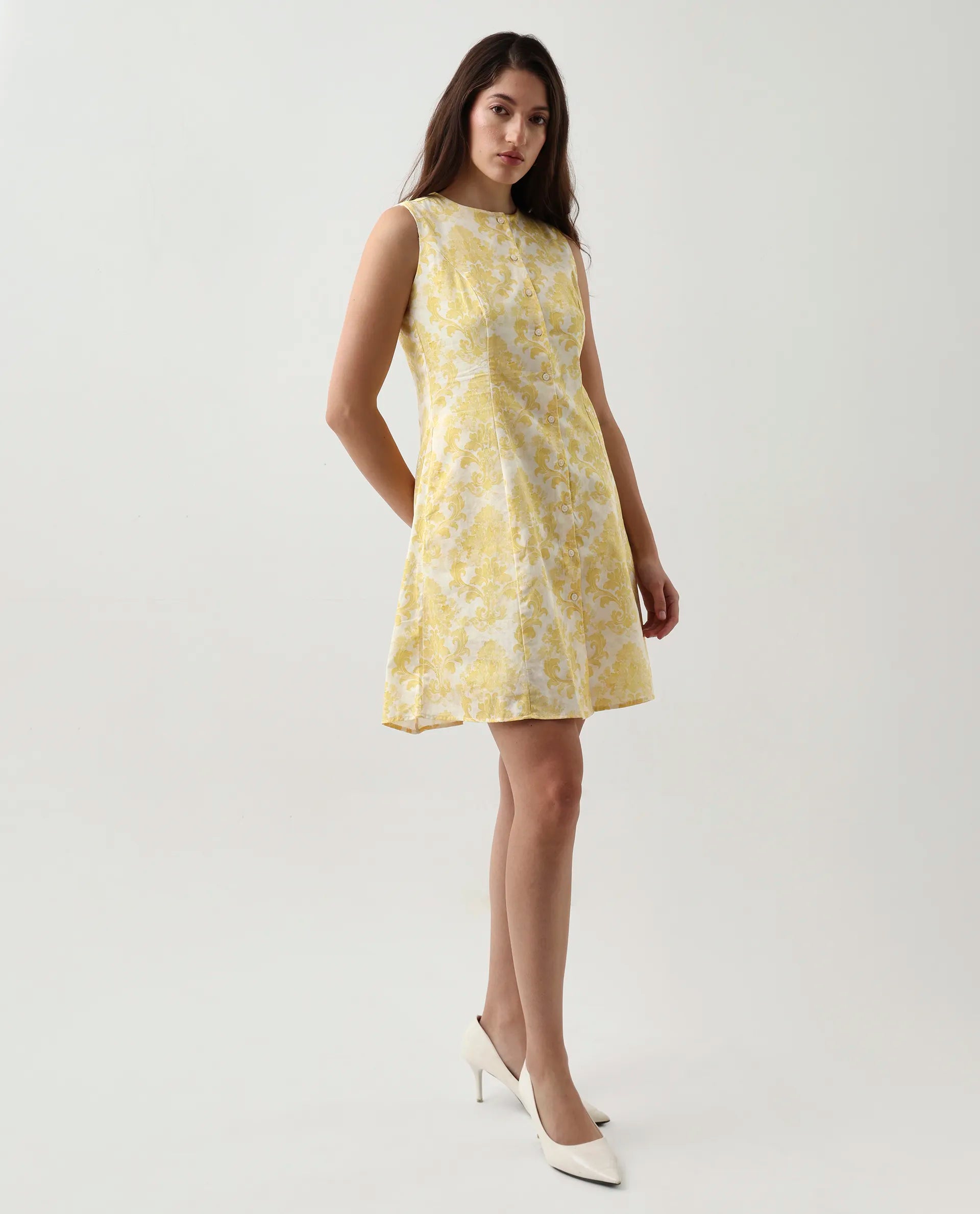 Rareism Women's Jeklo Yellow Cotton Blend Round Neck A-Line Printed Dress