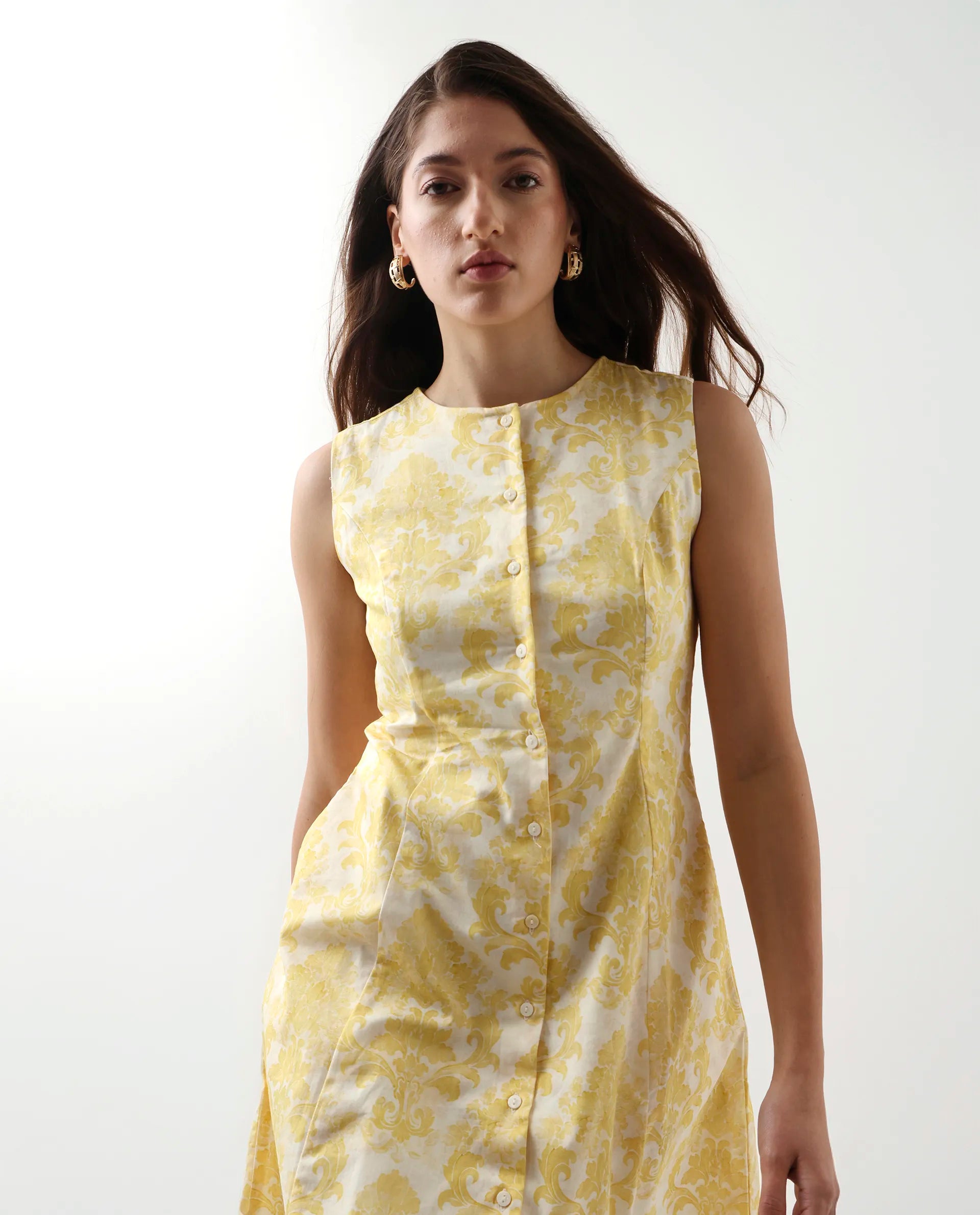Rareism Women's Jeklo Yellow Cotton Blend Round Neck A-Line Printed Dress