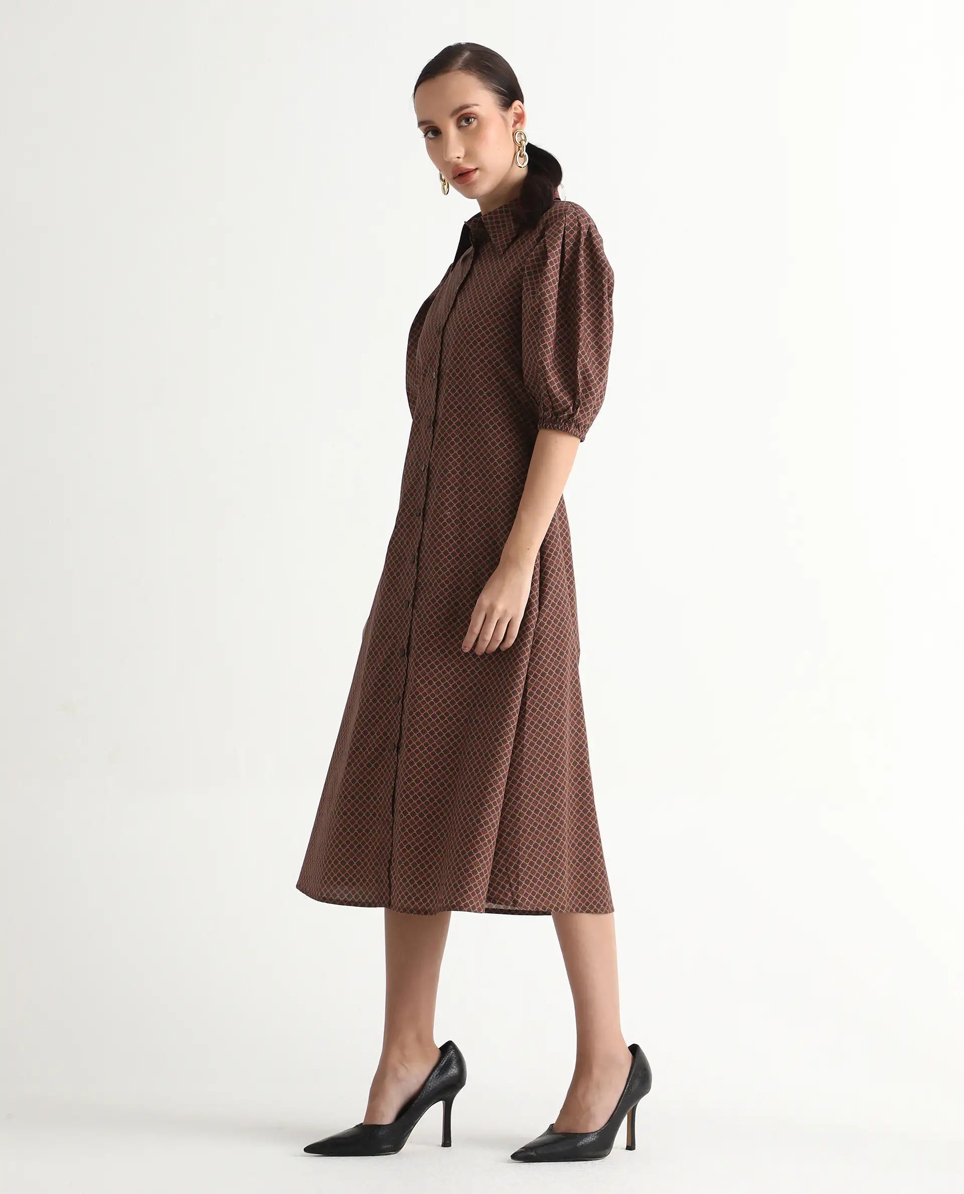 Rareism Women's Jembot Dark Green Cotton Collared Neck A-Line Geometric Print Midi Dress