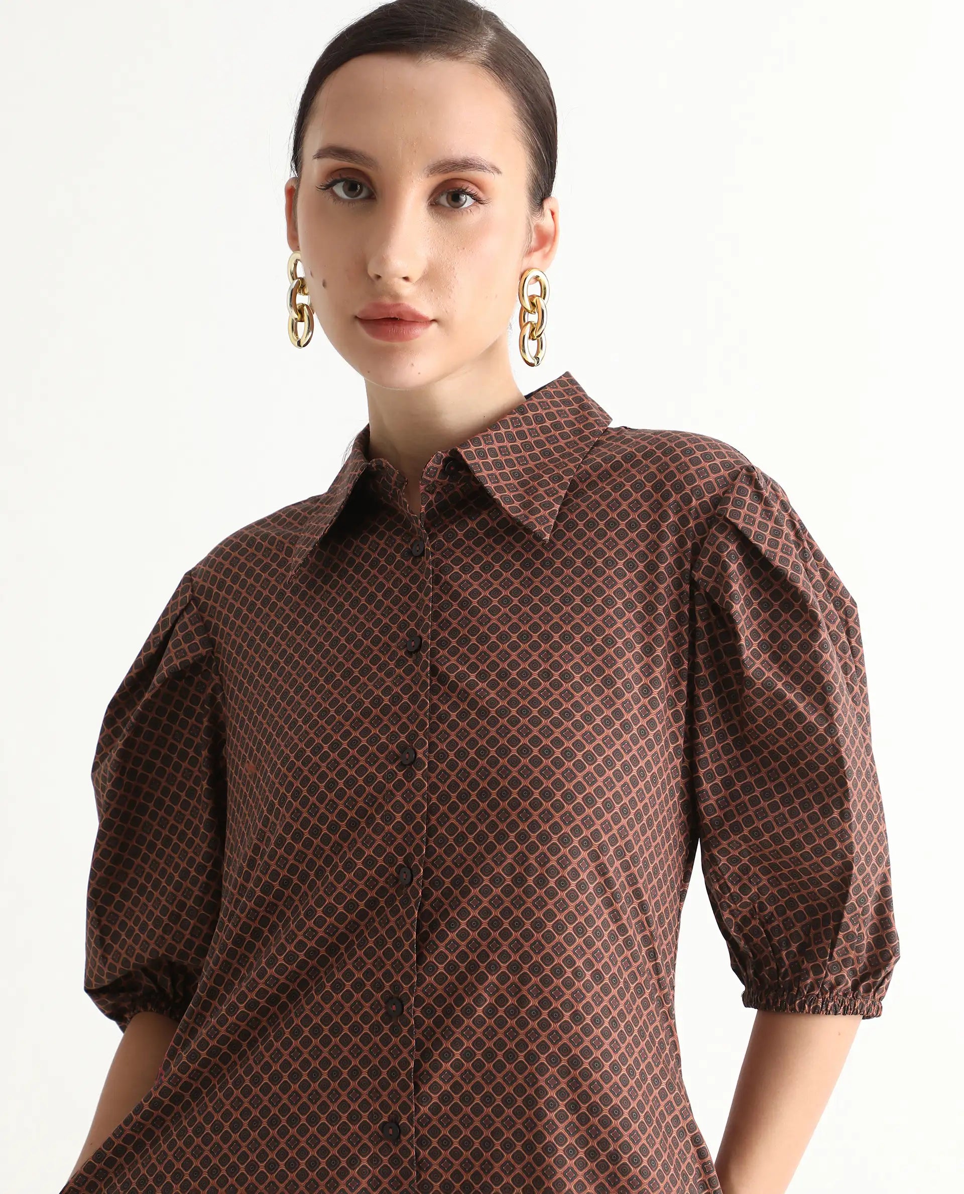 Rareism Women's Jembot Dark Green Cotton Collared Neck A-Line Geometric Print Midi Dress