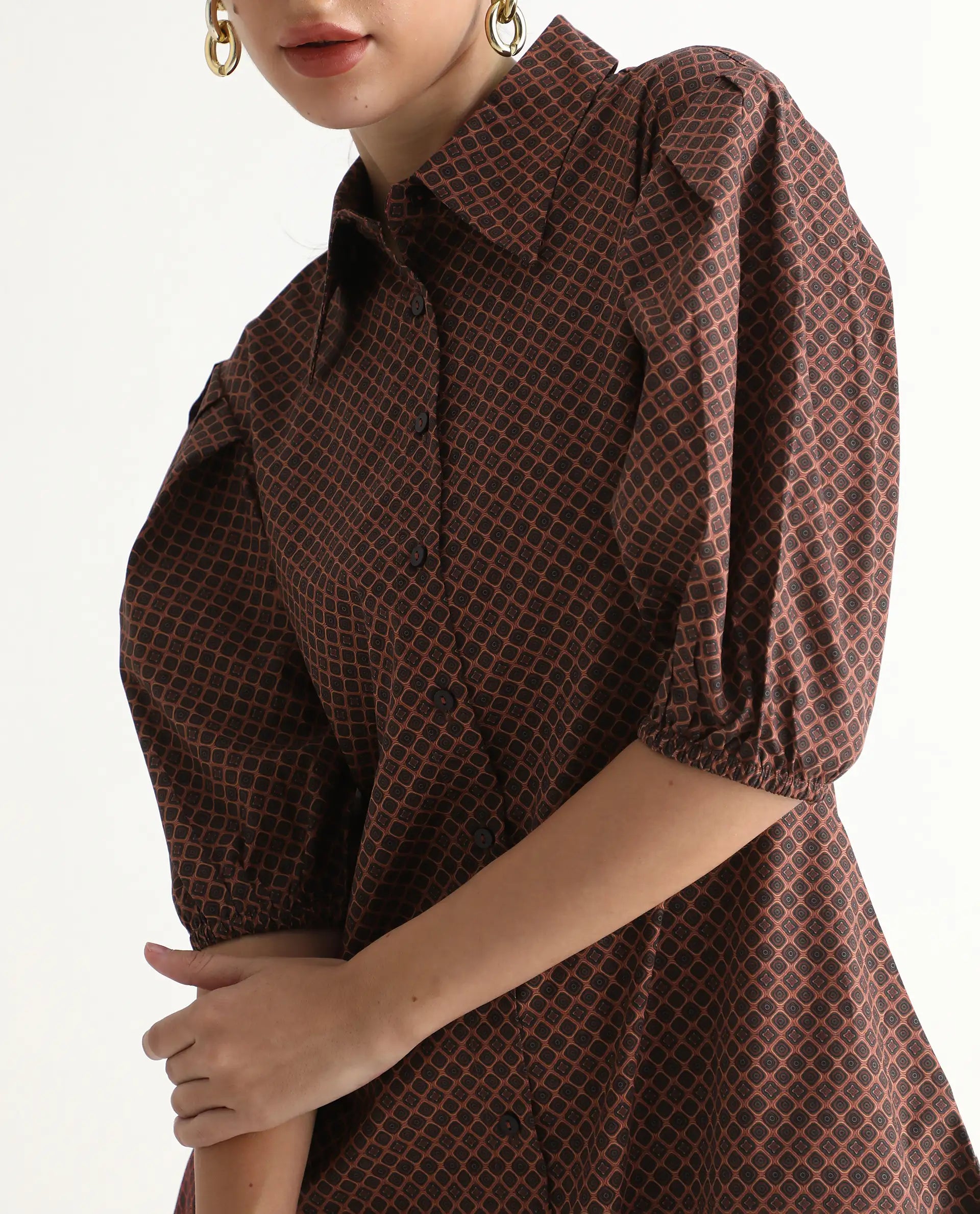 Rareism Women's Jembot Dark Green Cotton Collared Neck A-Line Geometric Print Midi Dress