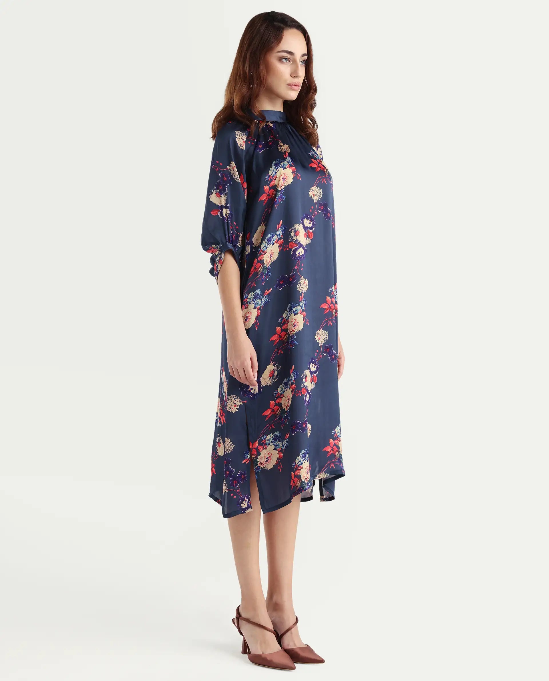 Rareism Women's Jemma Navy Cotton High Neck Floral Print Sleeveless Maxi Regular Fit Dress