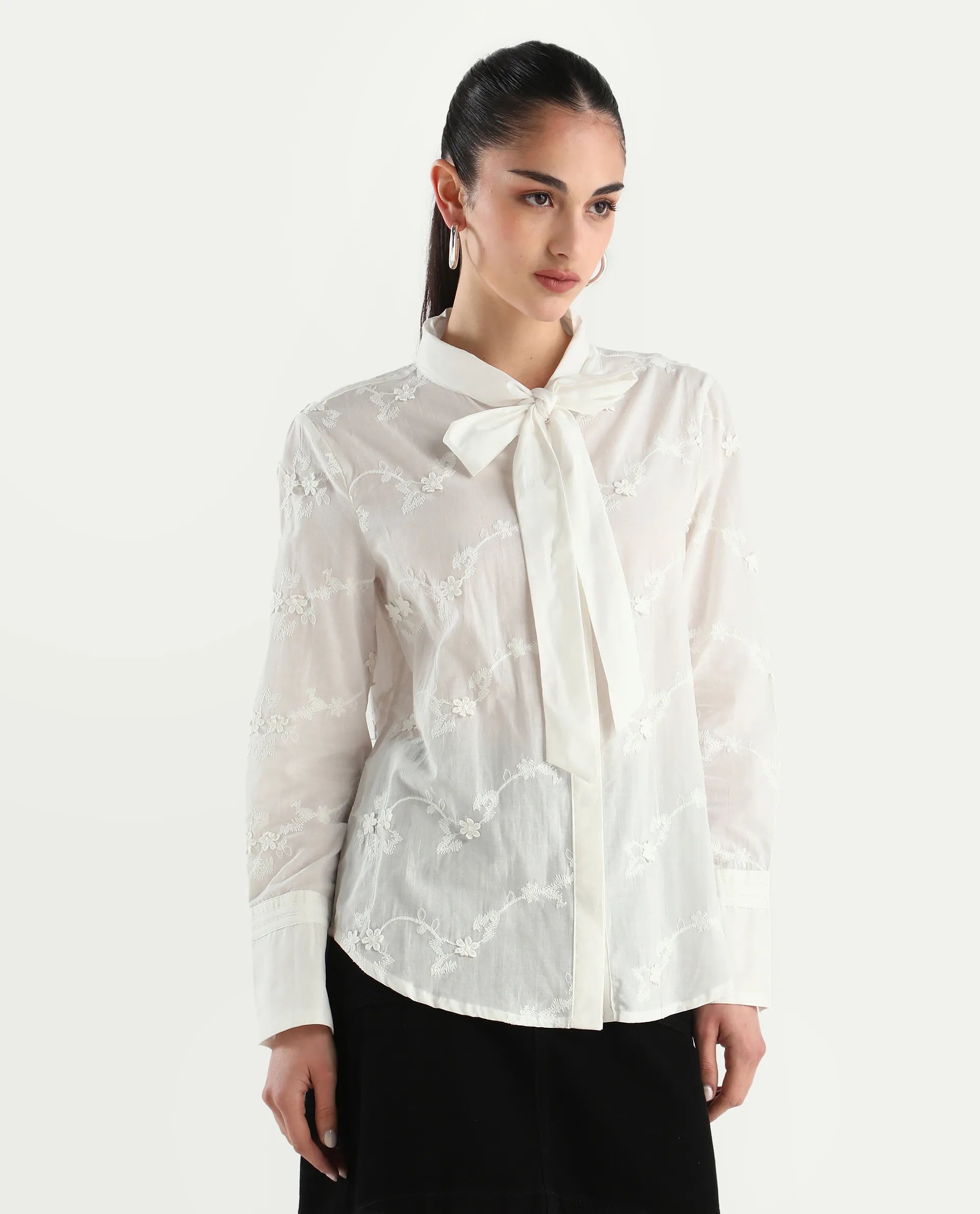 Rareism Women's Jeneiro White Cotton Tie-Up Neck Plain Cuffed Sleeve Regular Fit Shirt