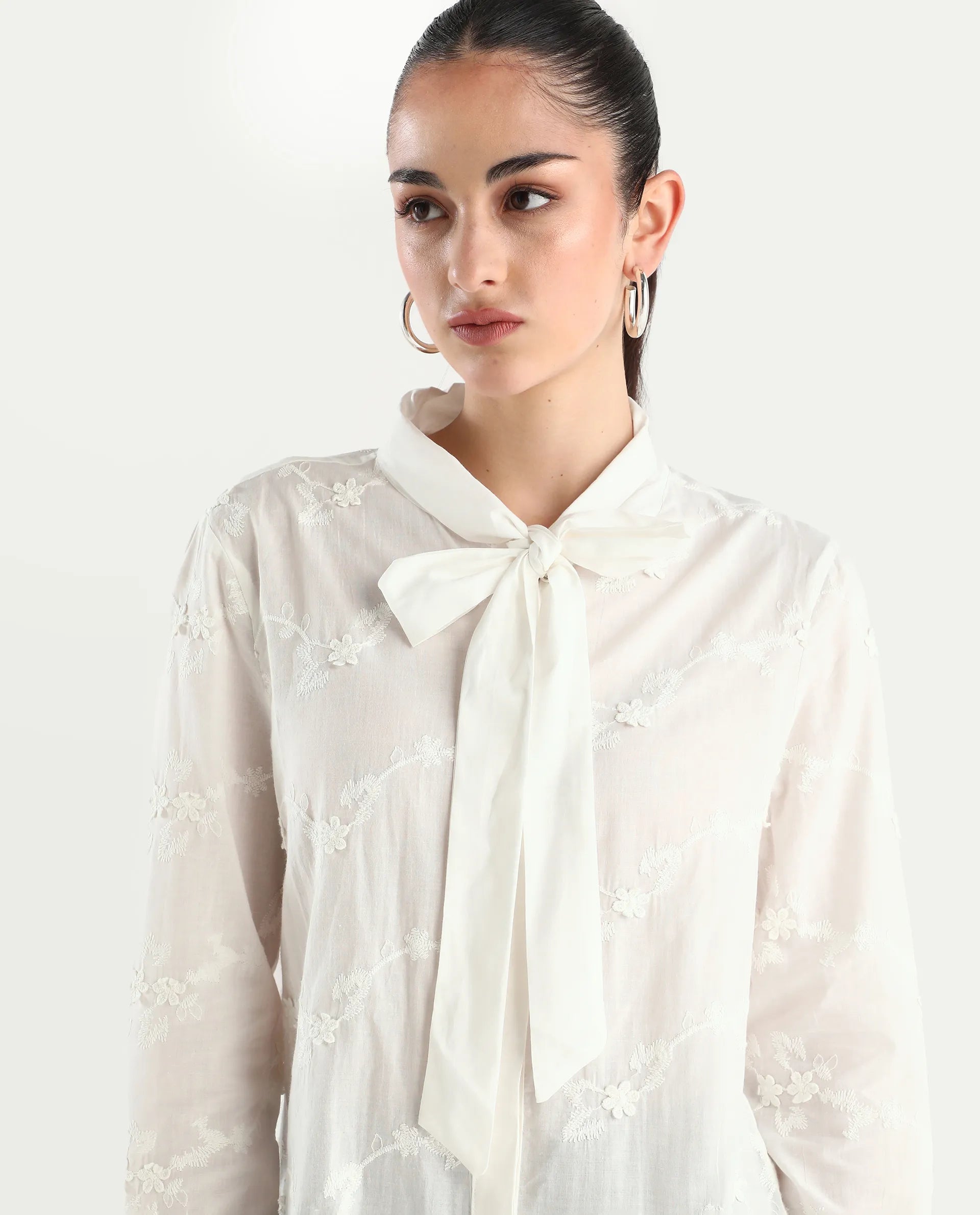 Rareism Women's Jeneiro White Cotton Tie-Up Neck Plain Cuffed Sleeve Regular Fit Shirt
