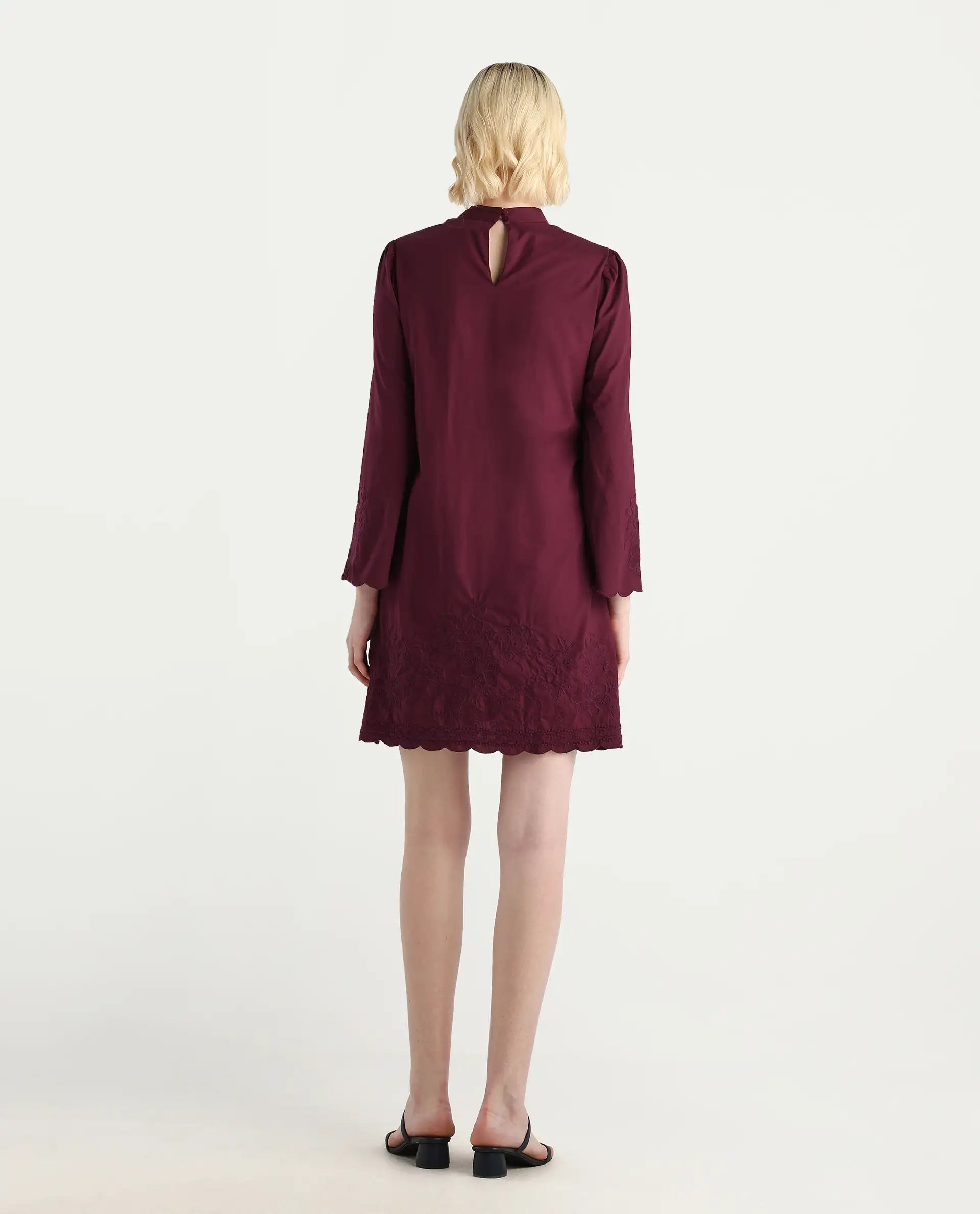 Rareism Women's Jenmin Maroon Cotton Bell Sleeves Mandarin Collar A-Line Fit Plain Dress