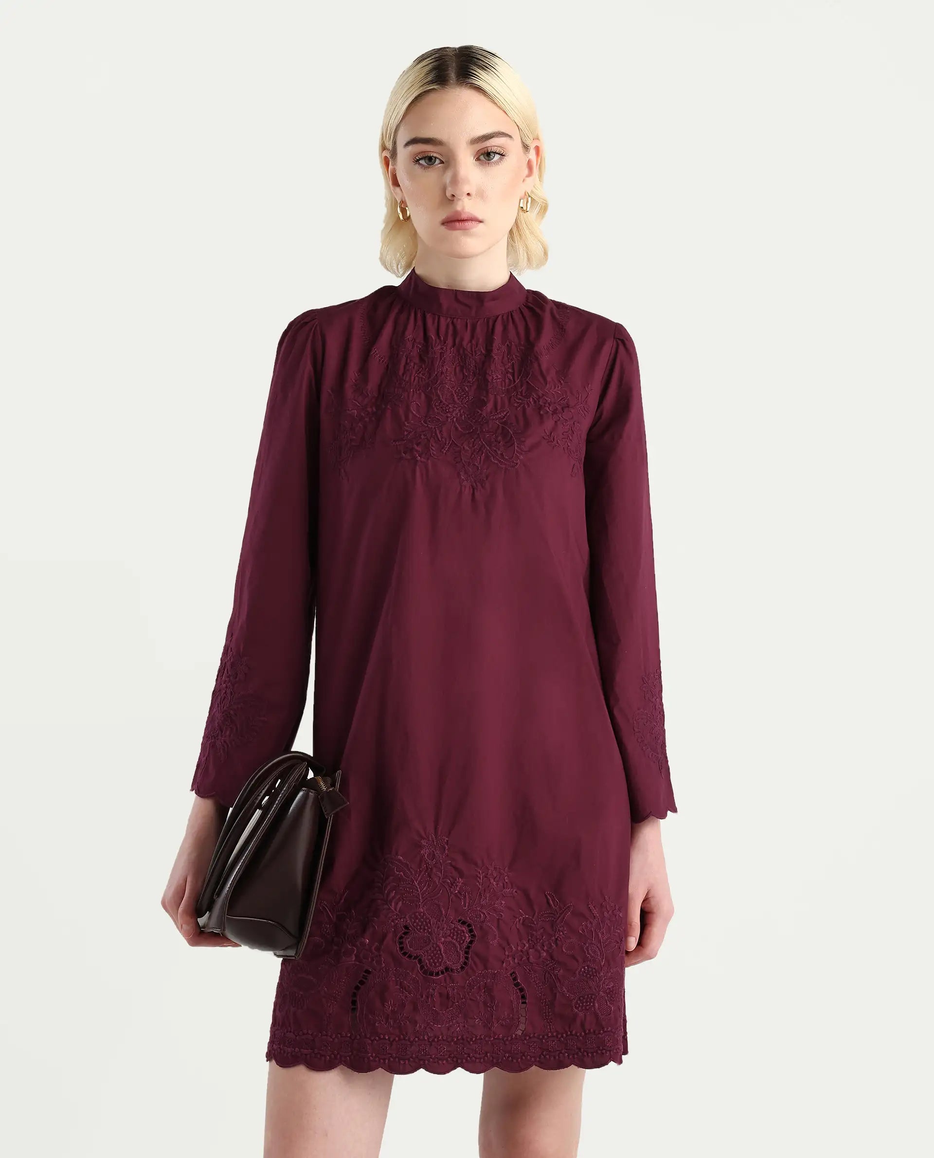 Rareism Women's Jenmin Maroon Cotton Bell Sleeves Mandarin Collar A-Line Fit Plain Dress