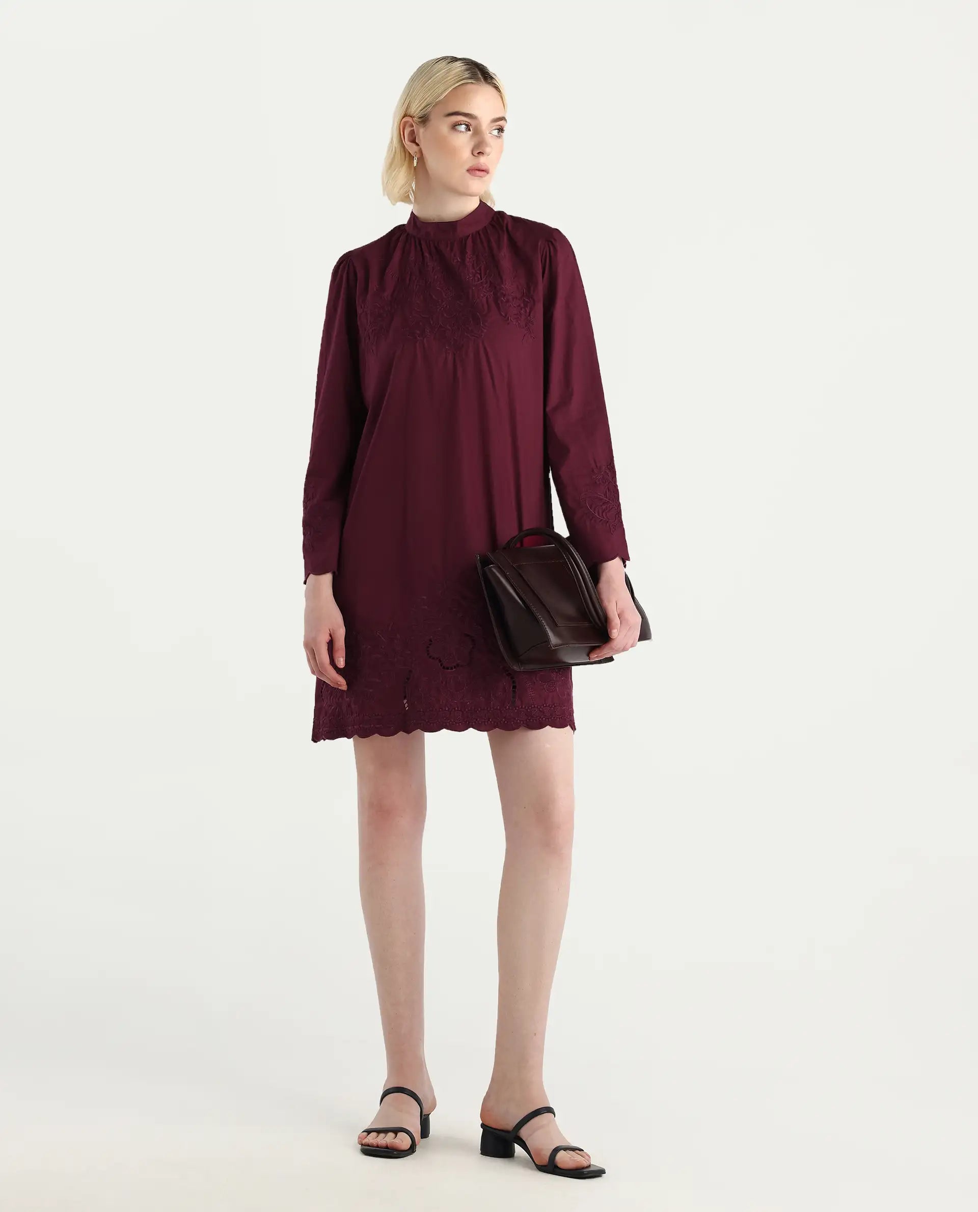 Rareism Women's Jenmin Maroon Cotton Bell Sleeves Mandarin Collar A-Line Fit Plain Dress