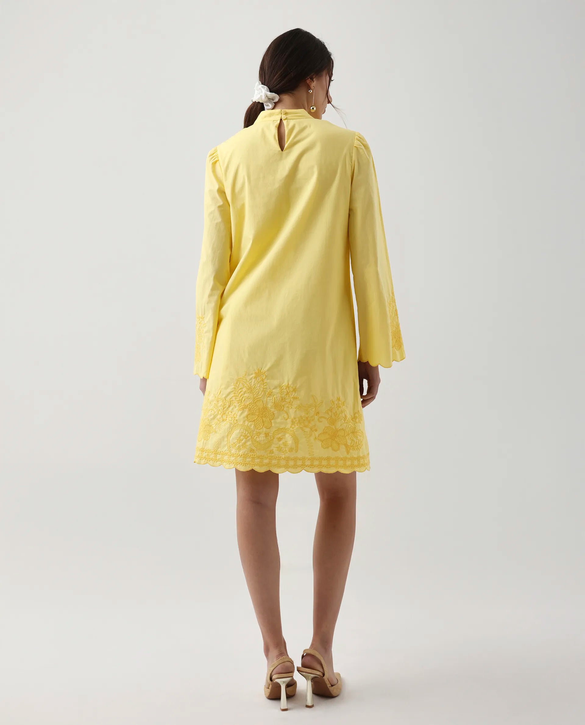 Rareism Women's Jenmin Yellow Cotton Blend Mandarin Collar A-Line Plain Dress