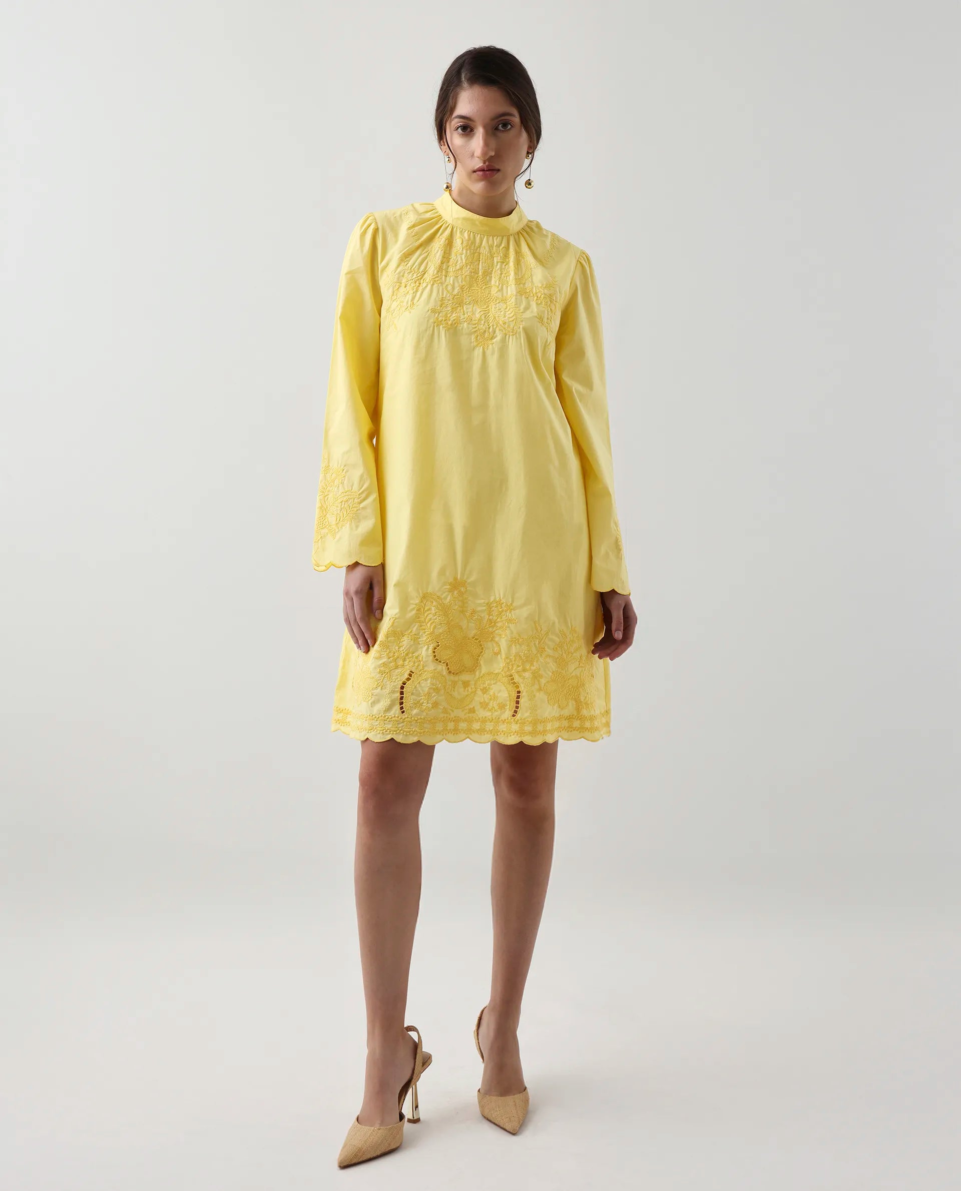 Rareism Women's Jenmin Yellow Cotton Blend Mandarin Collar A-Line Plain Dress