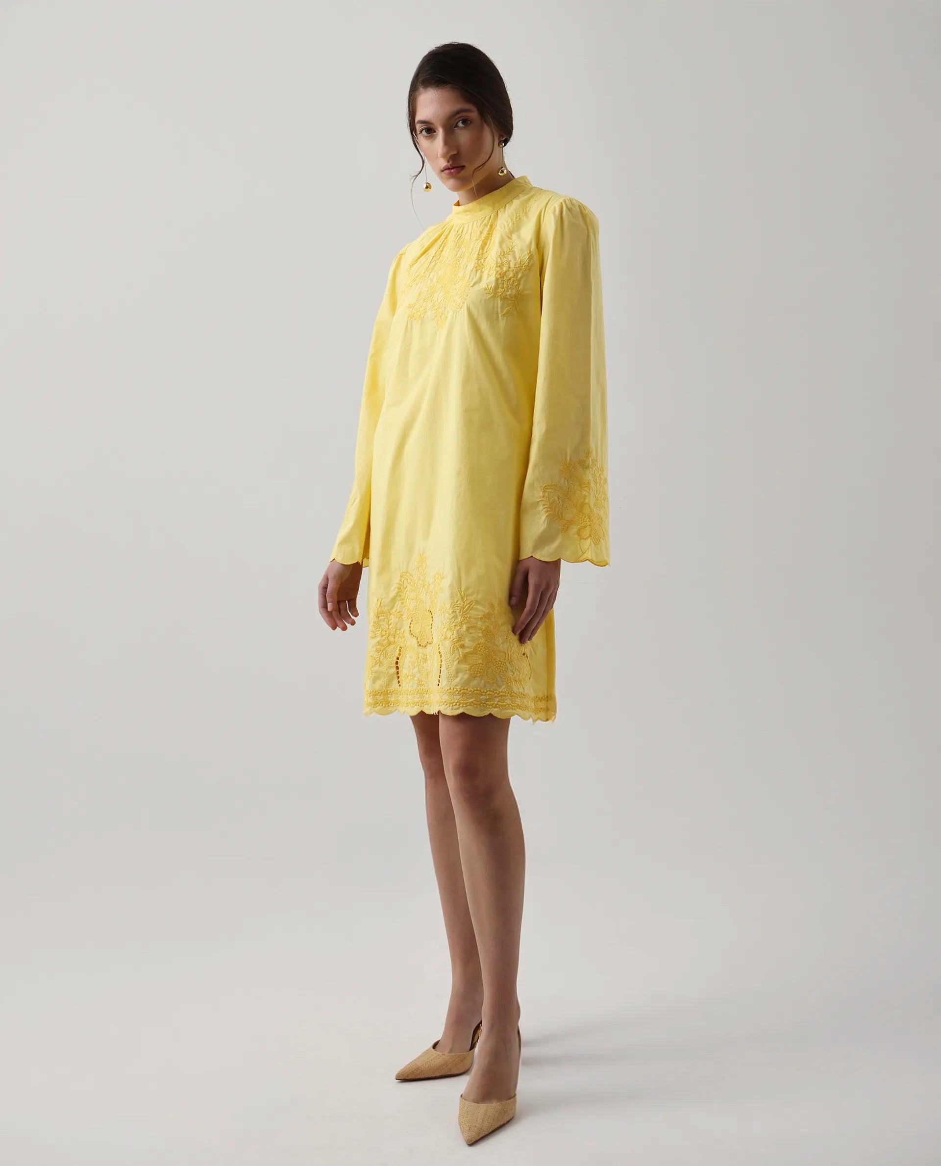 Rareism Women's Jenmin Yellow Cotton Blend Mandarin Collar A-Line Plain Dress