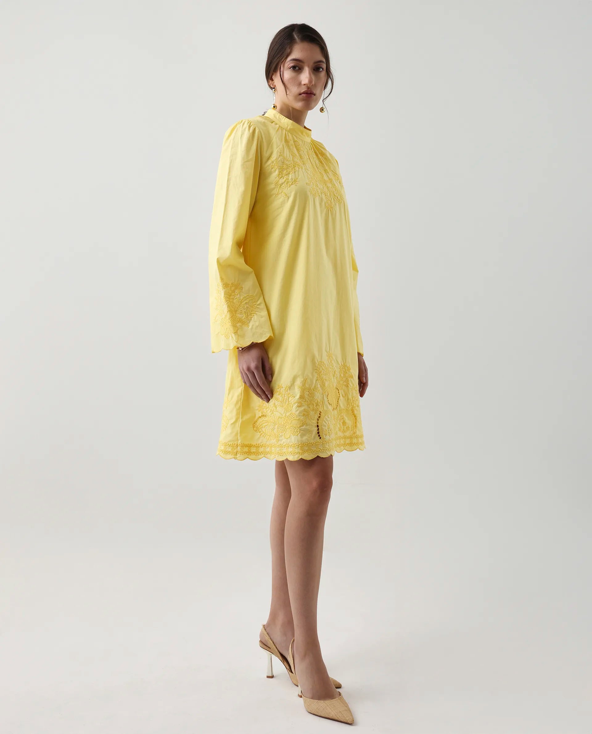 Rareism Women's Jenmin Yellow Cotton Blend Mandarin Collar A-Line Plain Dress