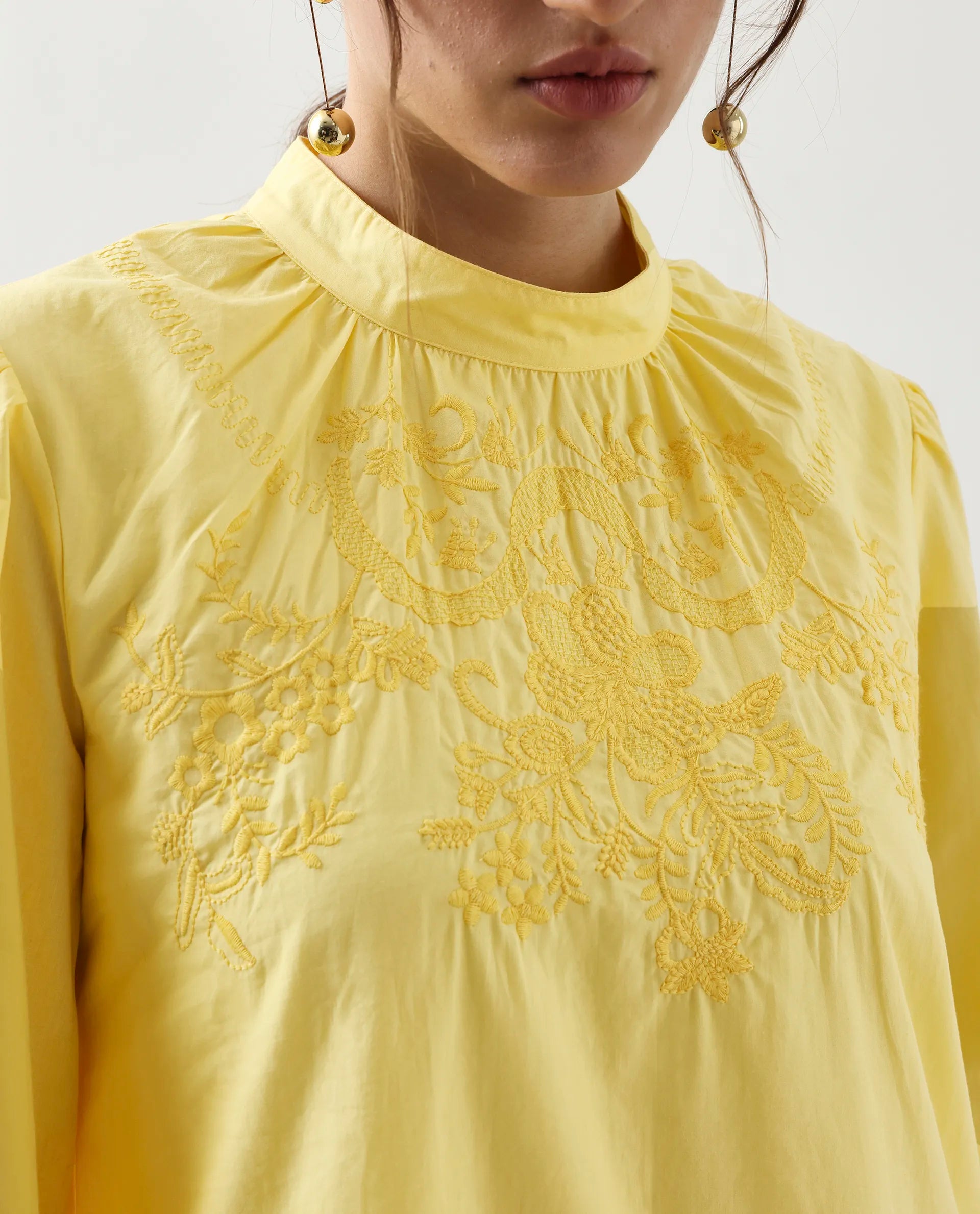 Rareism Women's Jenmin Yellow Cotton Blend Mandarin Collar A-Line Plain Dress