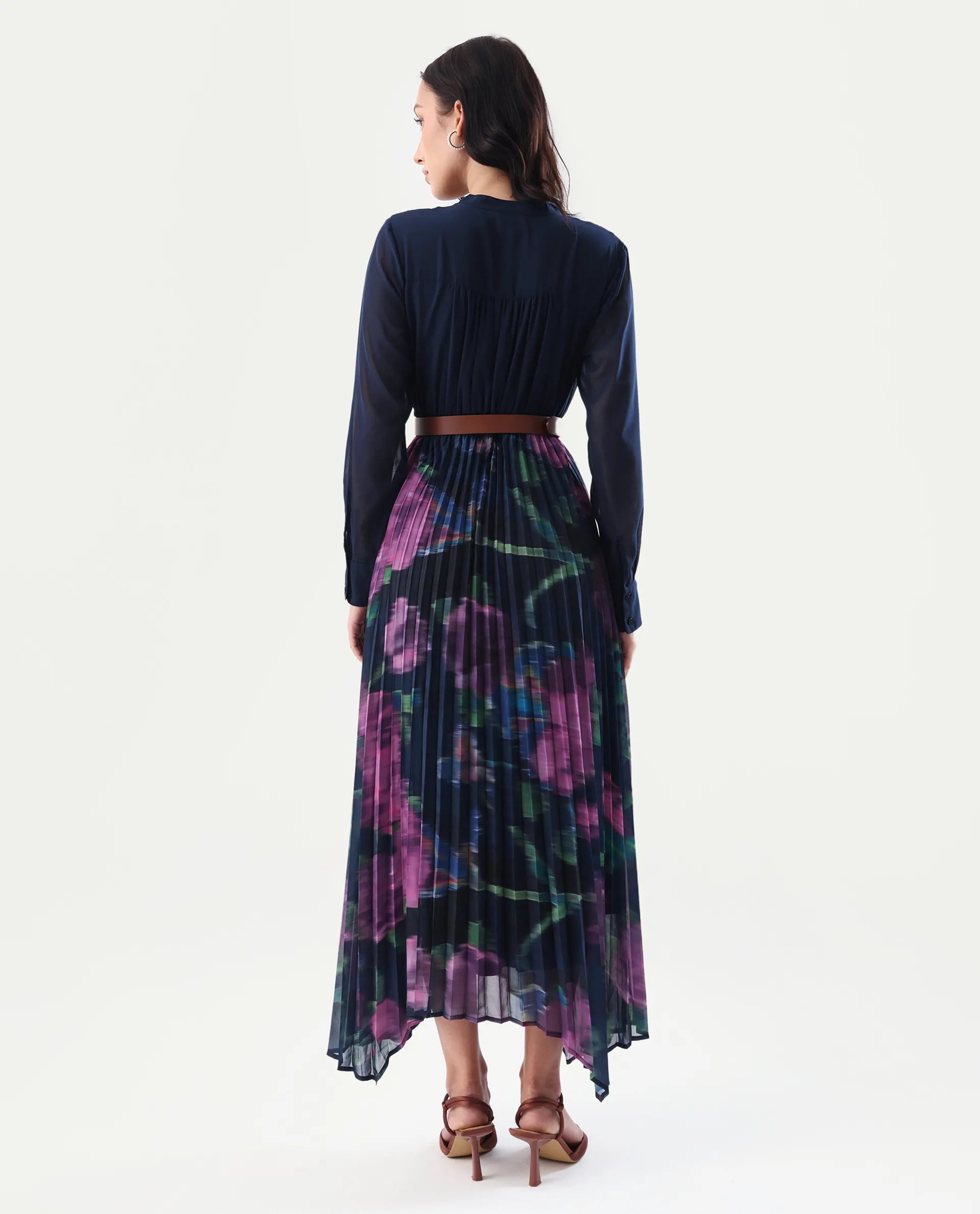 Rareism Women's Jenpli Navy Polyester V-Neck Flared Printed Dress