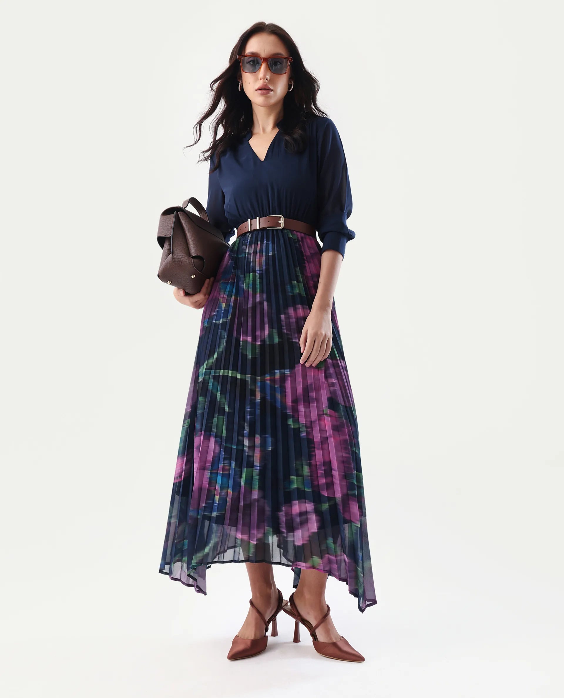 Rareism Women's Jenpli Navy Polyester V-Neck Flared Printed Dress