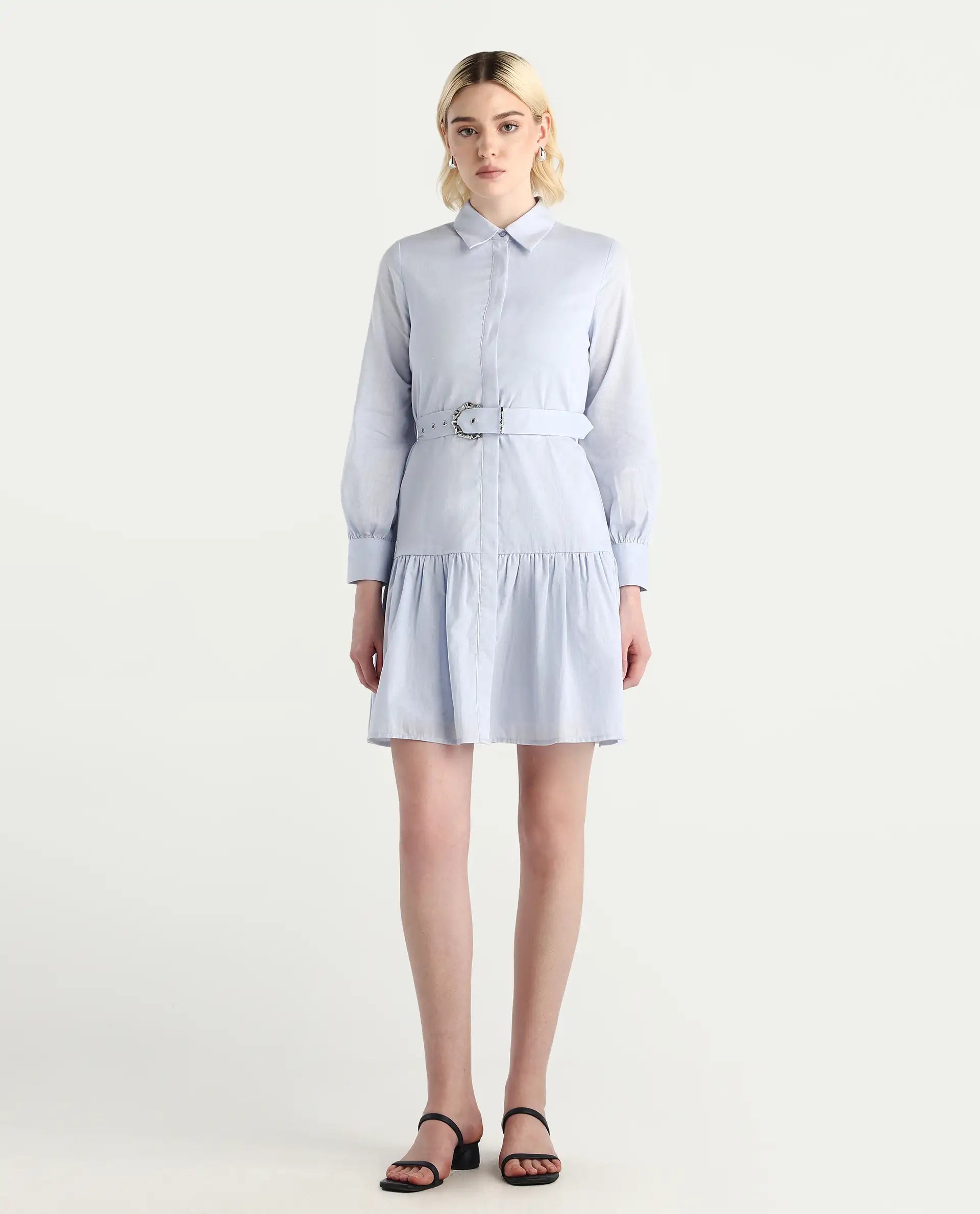 Rareism Women's Jenron Blue Cotton Collared Neck Flared Plain Dress