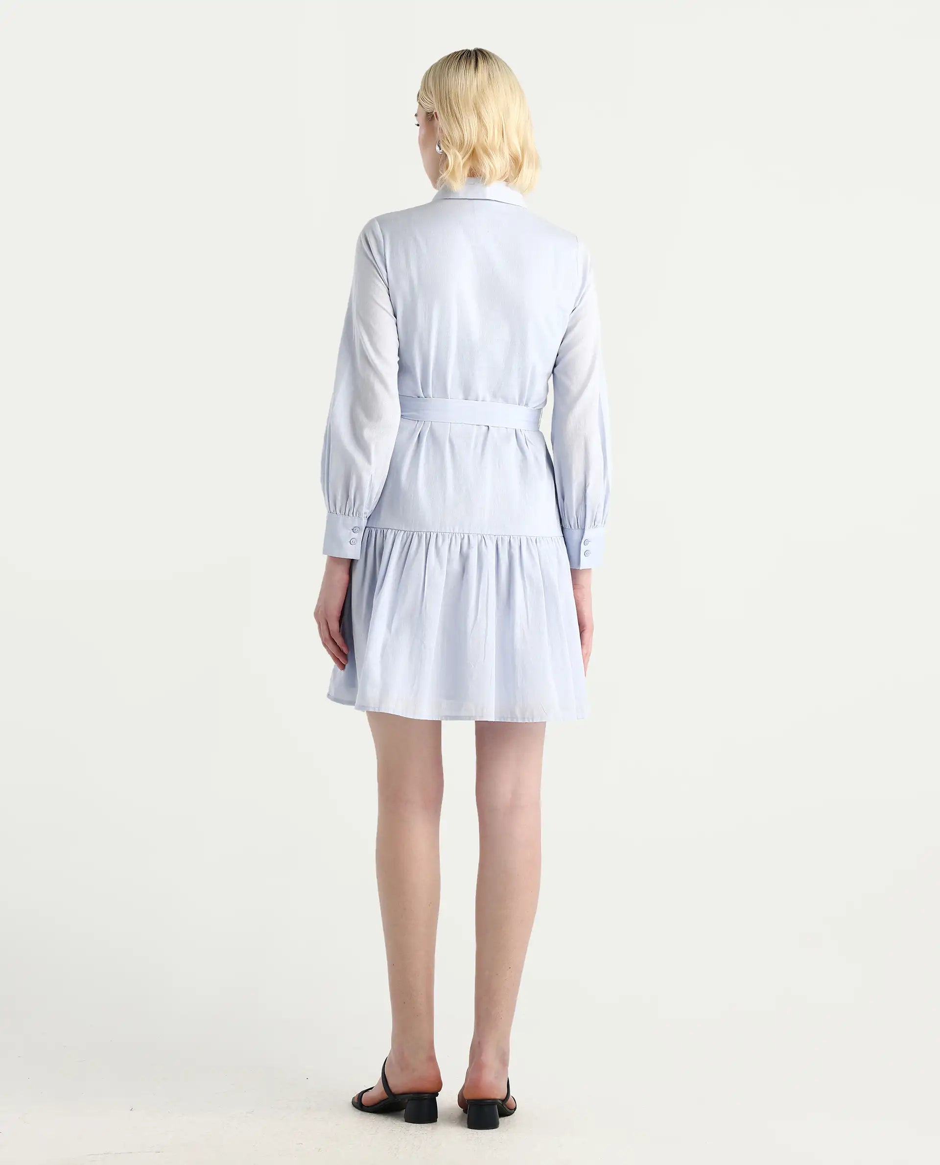 Rareism Women's Jenron Blue Cotton Collared Neck Flared Plain Dress