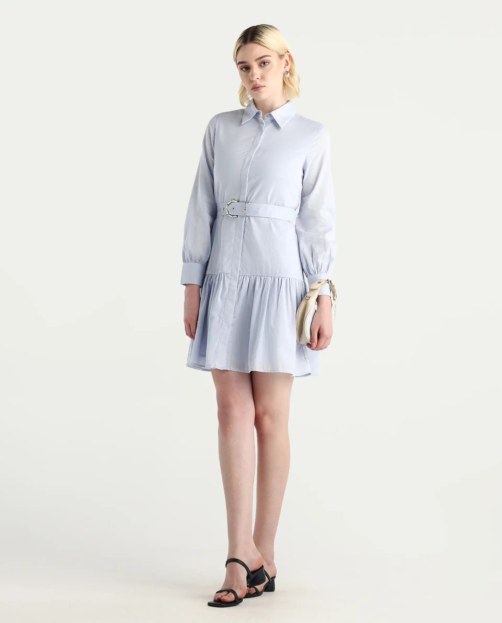 Rareism Women's Jenron Blue Cotton Collared Neck Flared Plain Dress