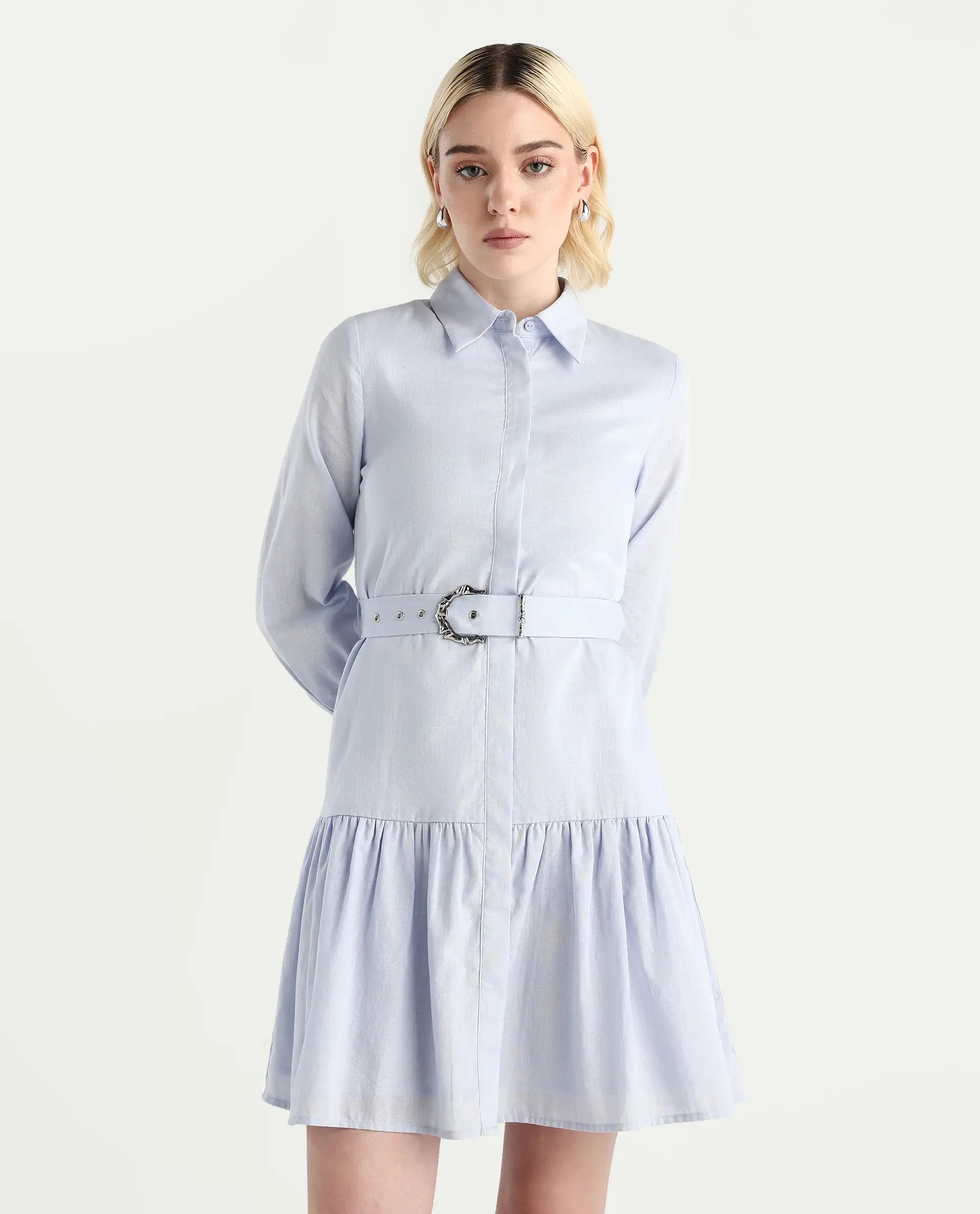 Rareism Women's Jenron Blue Cotton Collared Neck Flared Plain Dress