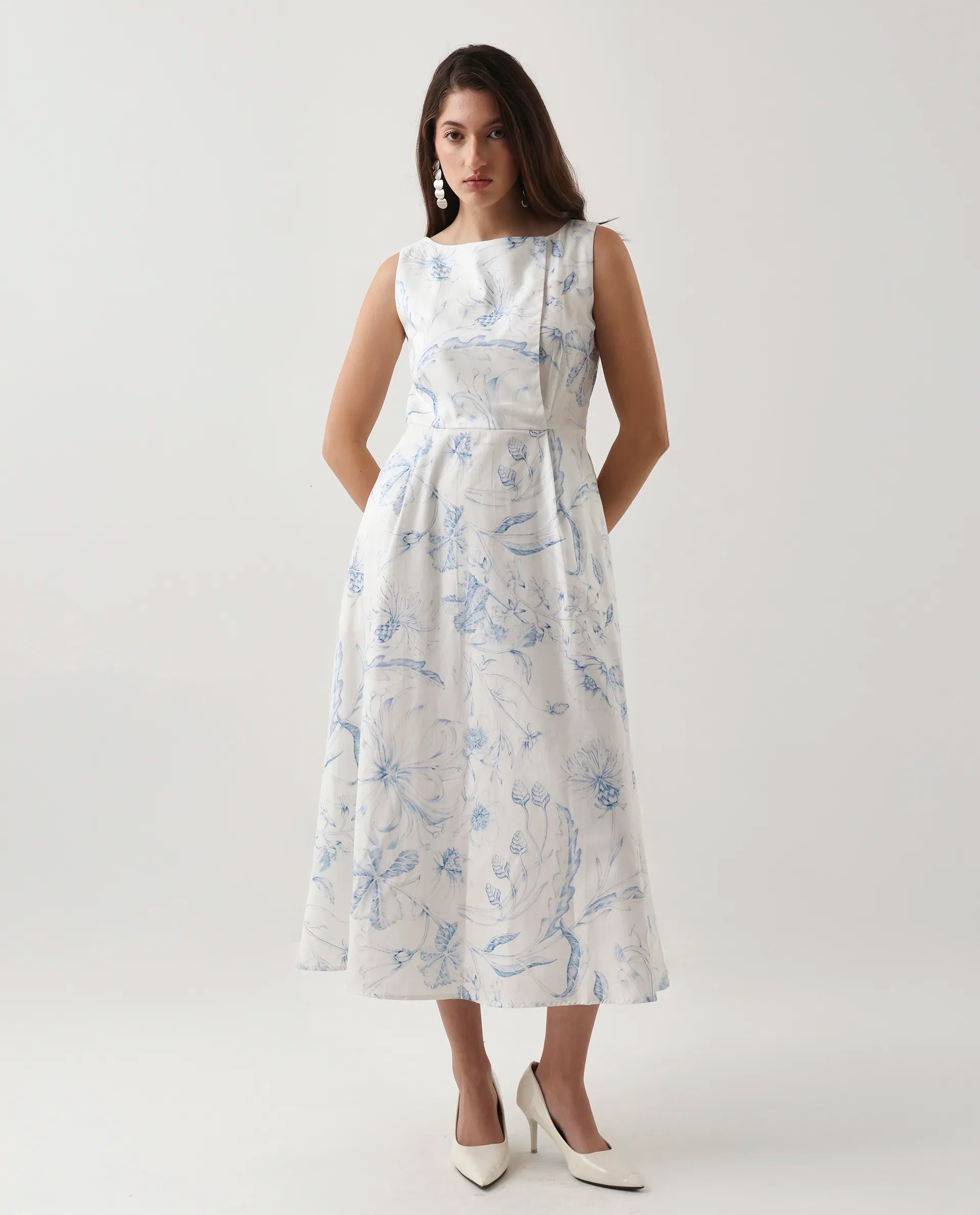 Rareism Women's Jensit Off White Cotton Blend Boat Neck Fit And Flare Printed Midi Dress