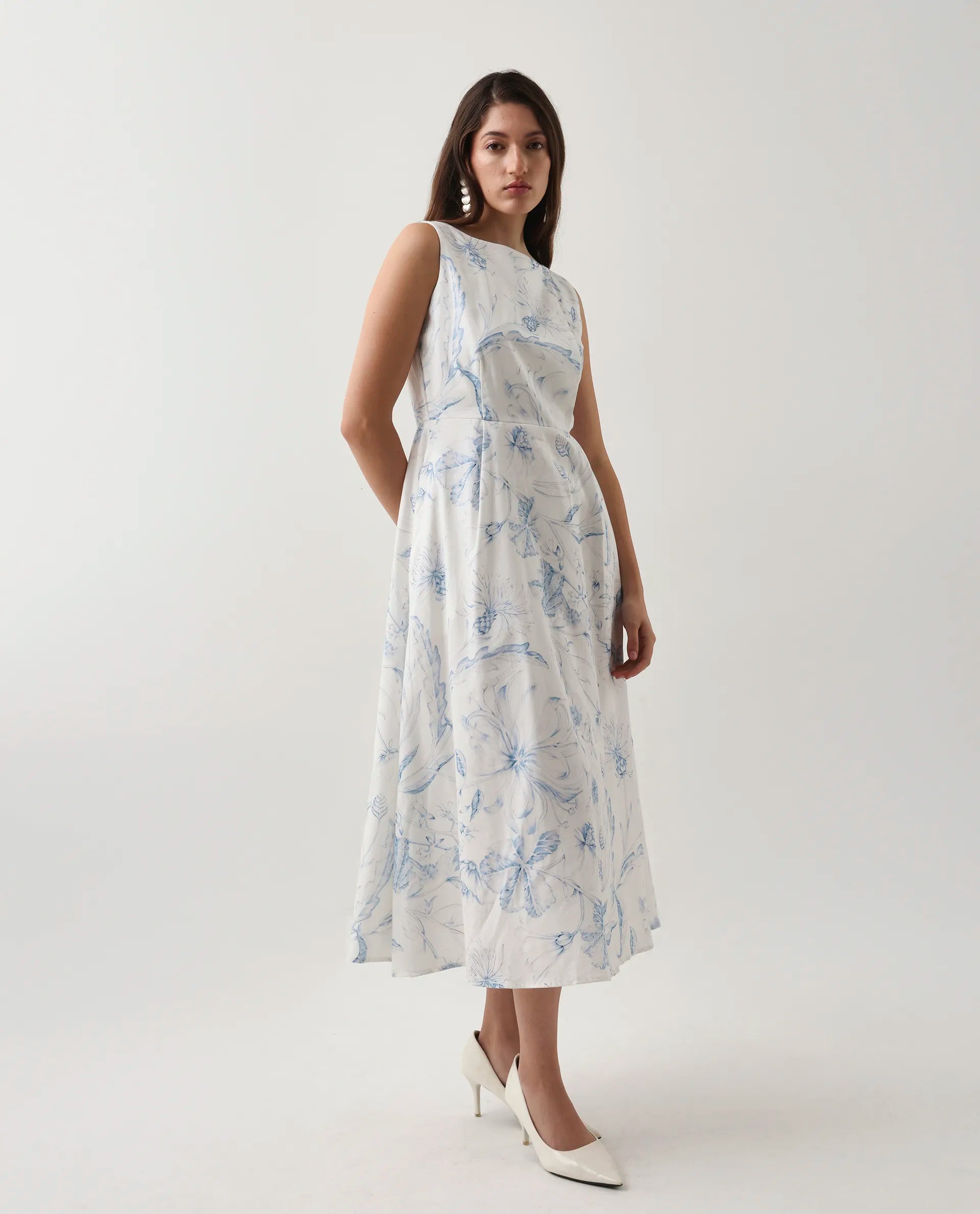 Rareism Women's Jensit Off White Cotton Blend Boat Neck Fit And Flare Printed Midi Dress