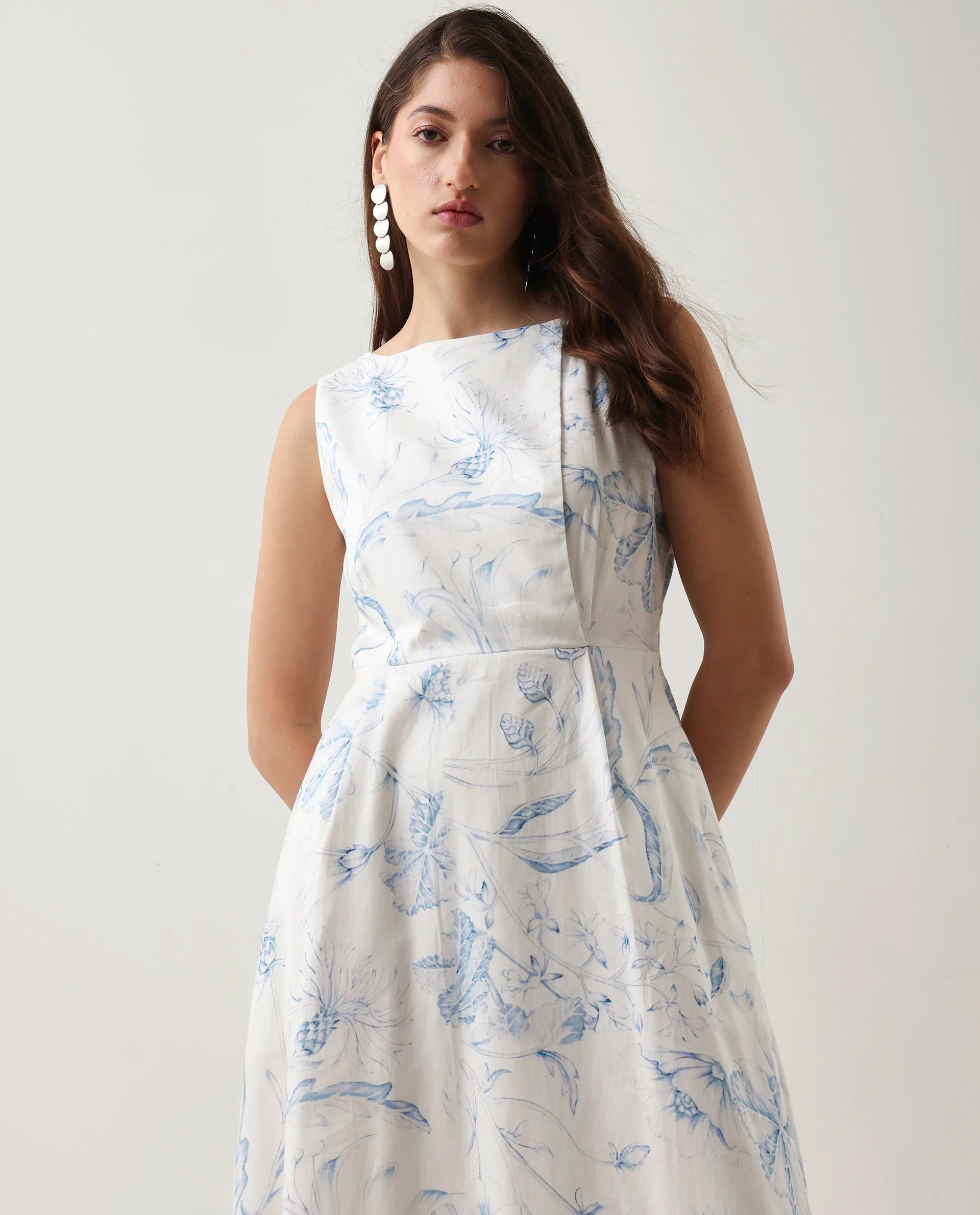 Rareism Women's Jensit Off White Cotton Blend Boat Neck Fit And Flare Printed Midi Dress