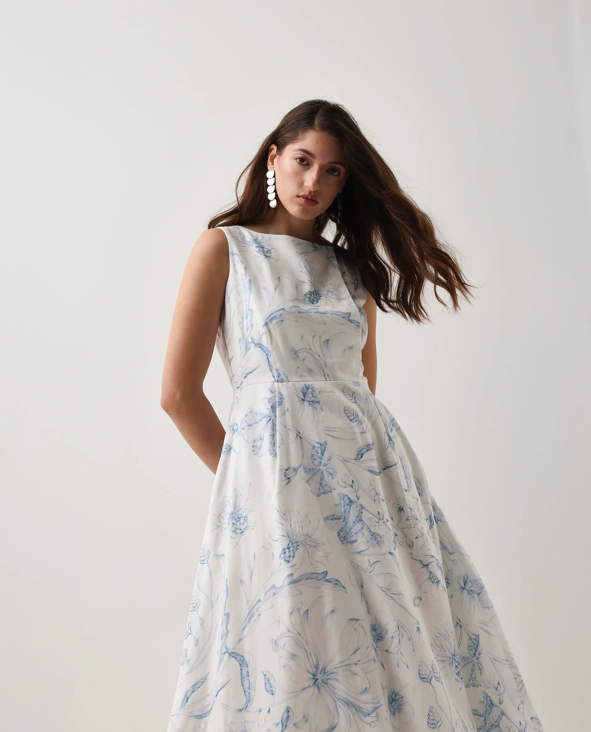 Rareism Women's Jensit Off White Cotton Blend Boat Neck Fit And Flare Printed Midi Dress