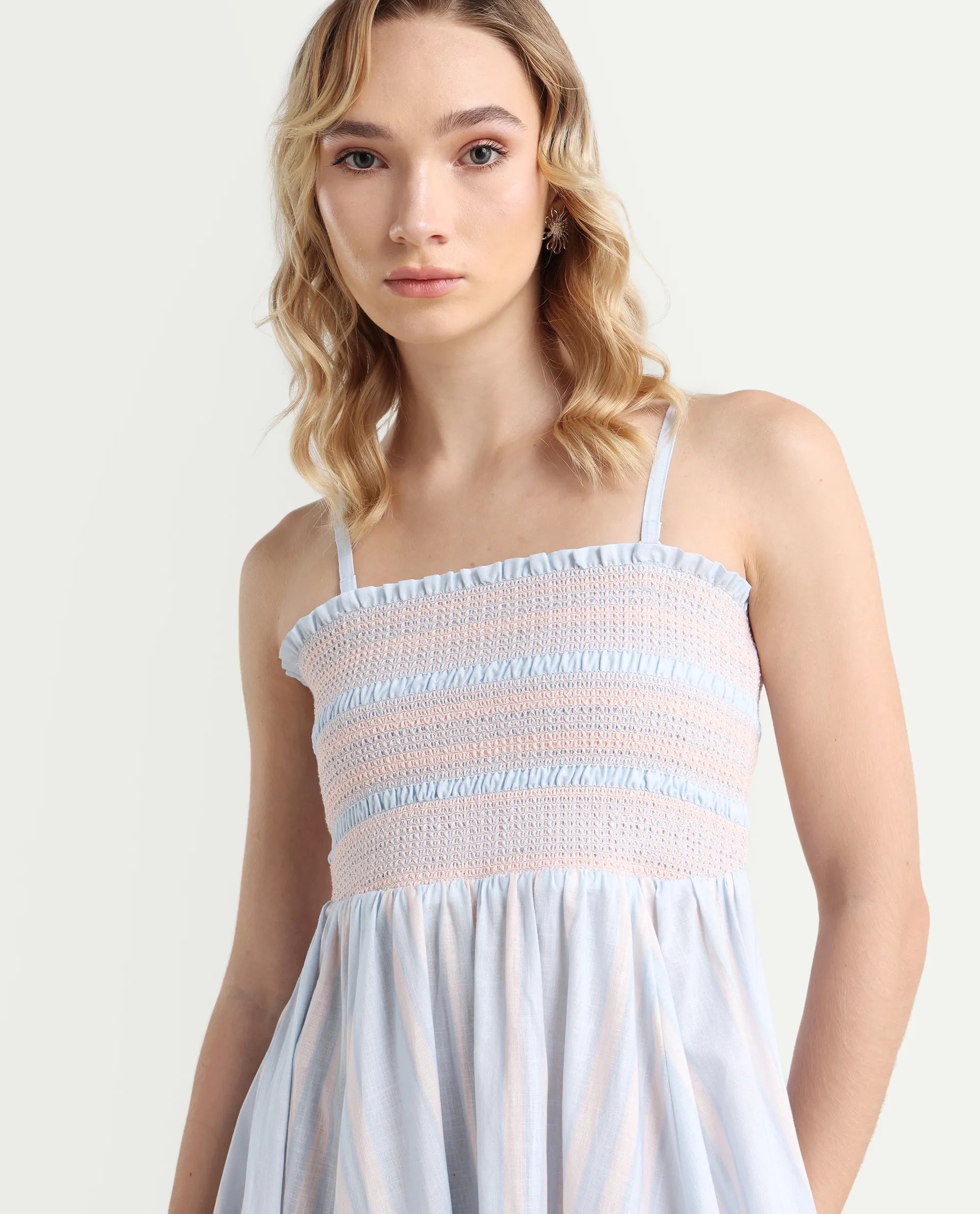 Rareism Women Jenvem Blue Tie-Up Neck Tie Up Closure Relaxed Fit Midi Printed Dress