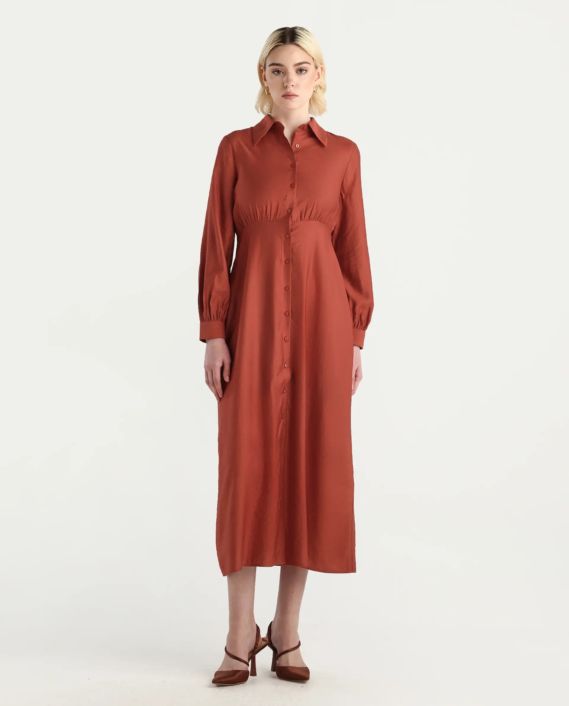 Rareism Women's Jenzif Rust Viscose Blend Cuffed Sleeve Collared Neck A-Line Fit Plain Dress